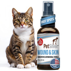 PetSilver bottle close-up pour illustrates chelated silver for soothing cat skin care.