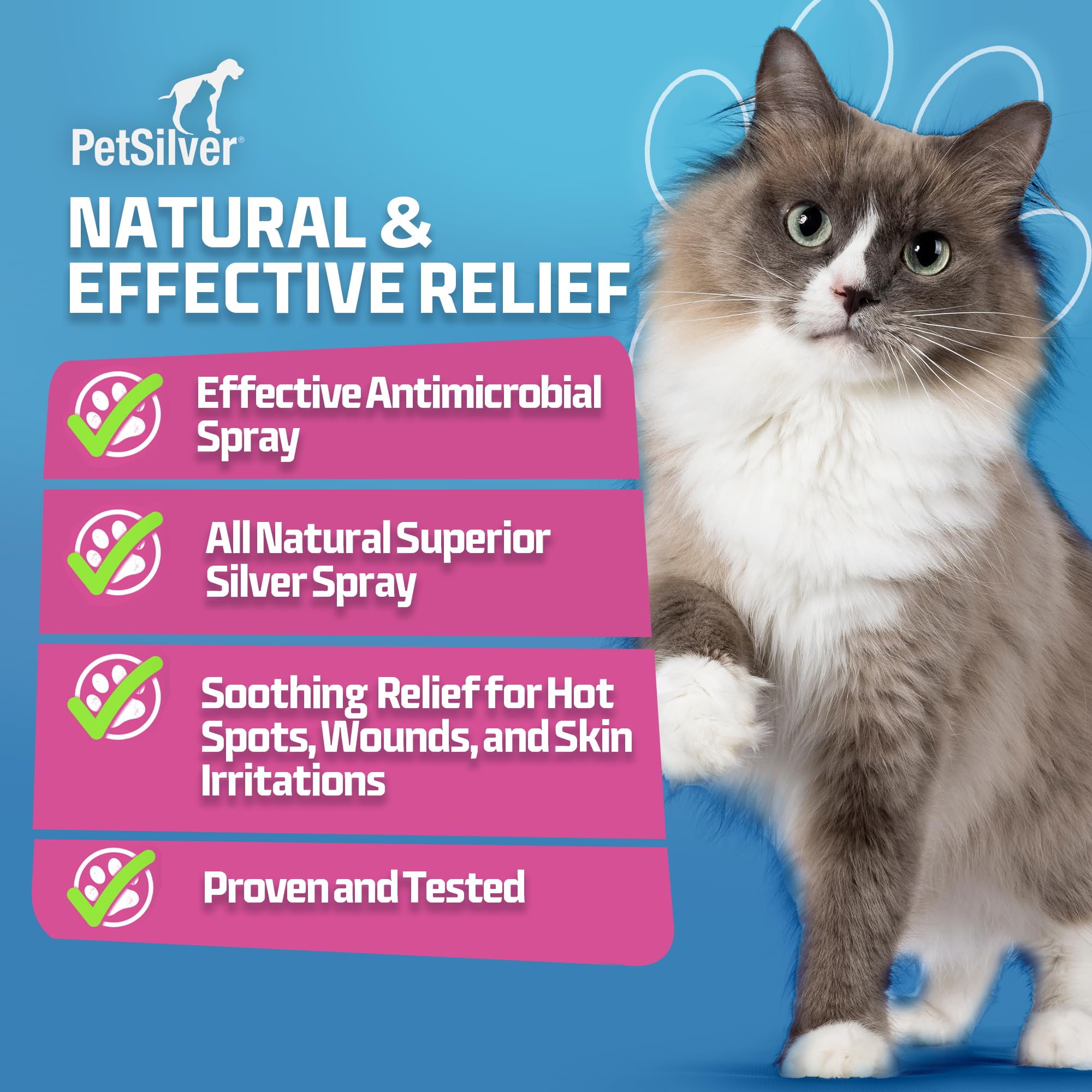 PetSilver cat face image demonstrates safe, gentle skin care for sensitive areas.