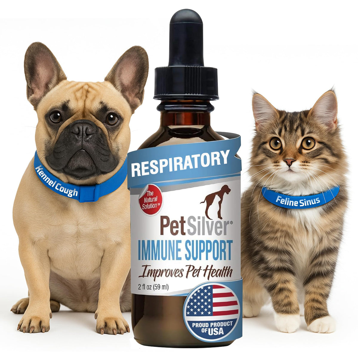 PetSilver Immune Support bottle front demonstrates easy dosing for pets.
