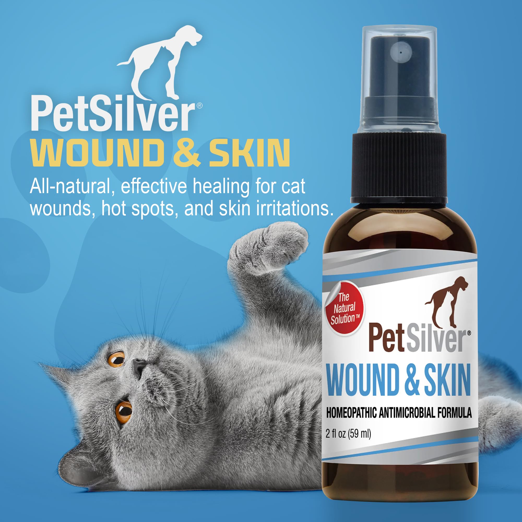 PetSilver paw-face-ears-nose image hints at versatile cat wound care use cases.