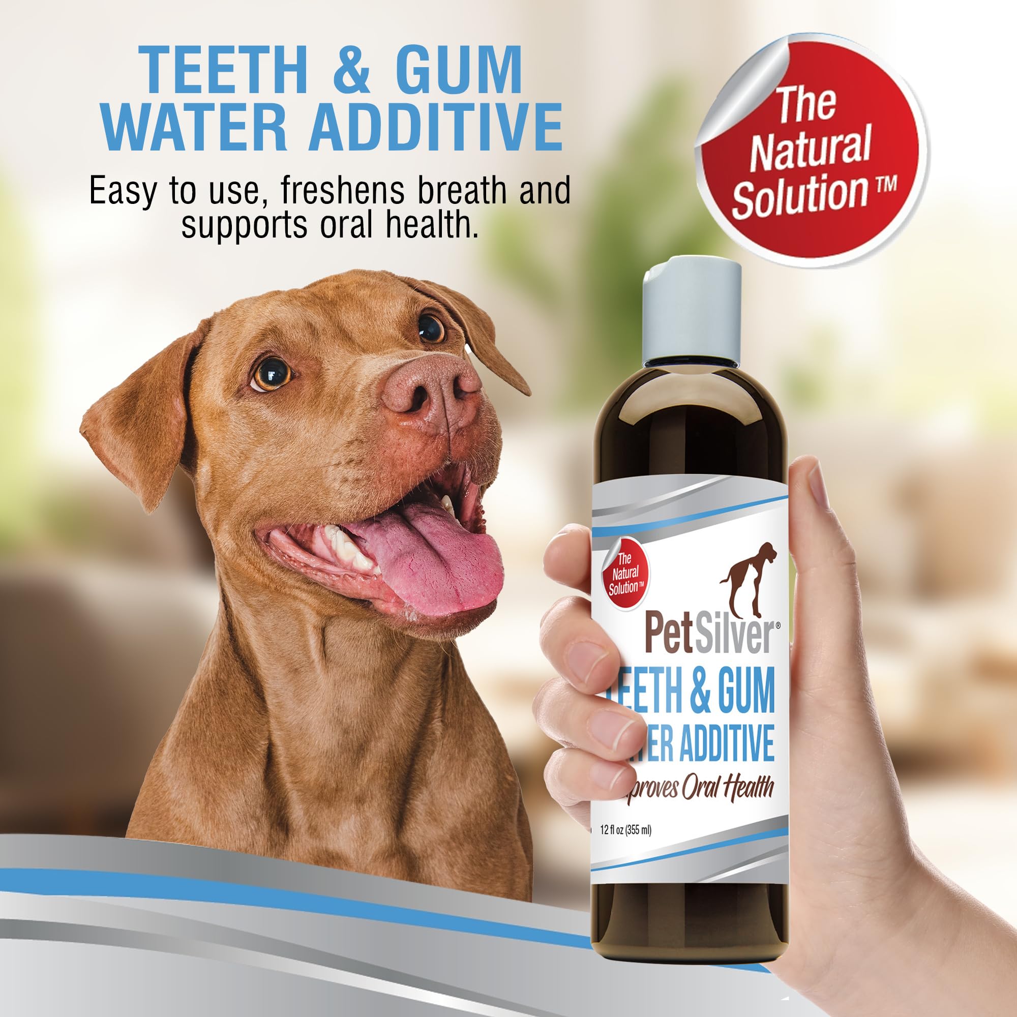 PetSilver Teeth and Gum water additive bottle being poured for daily care.