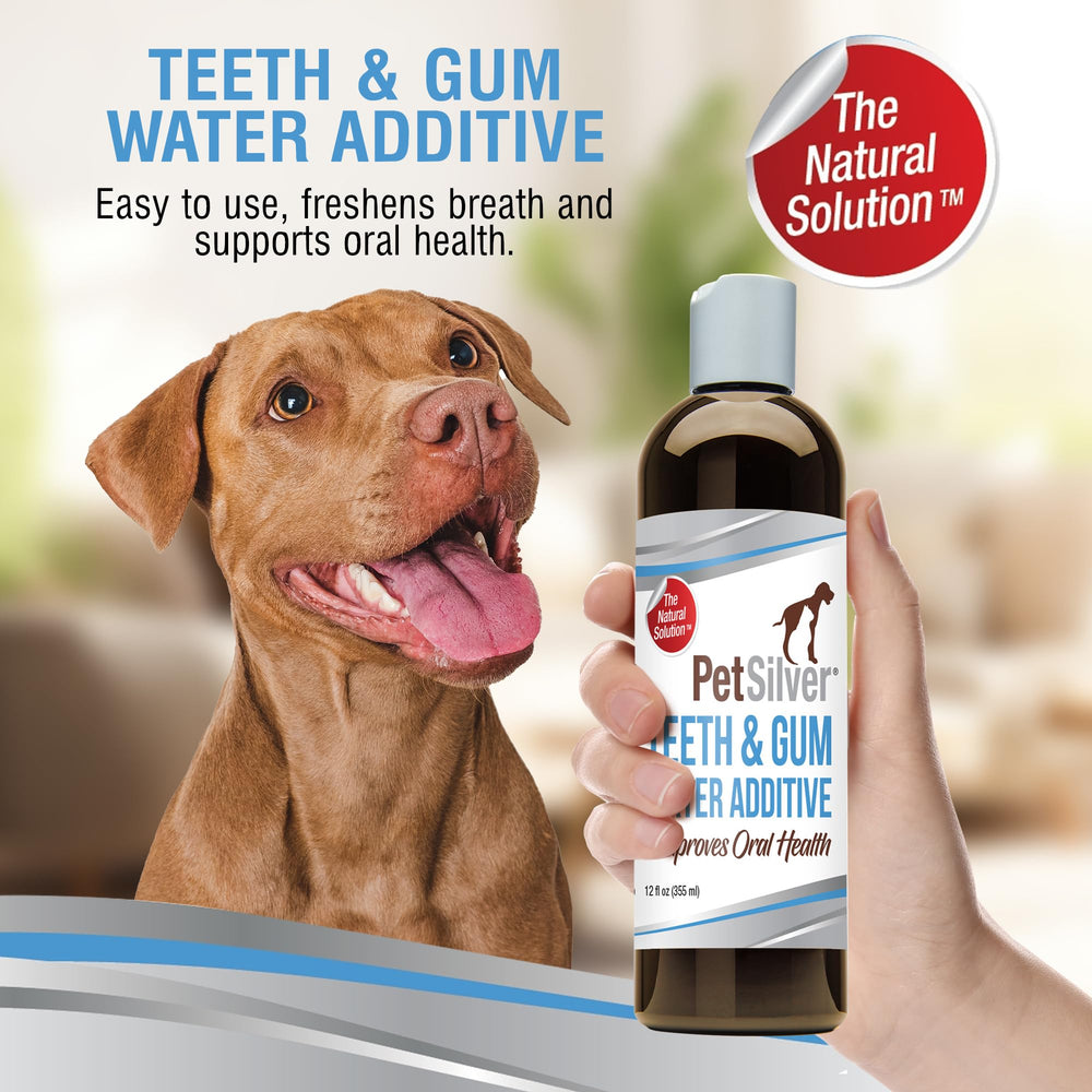 PetSilver Teeth and Gum water additive bottle being poured for daily care.