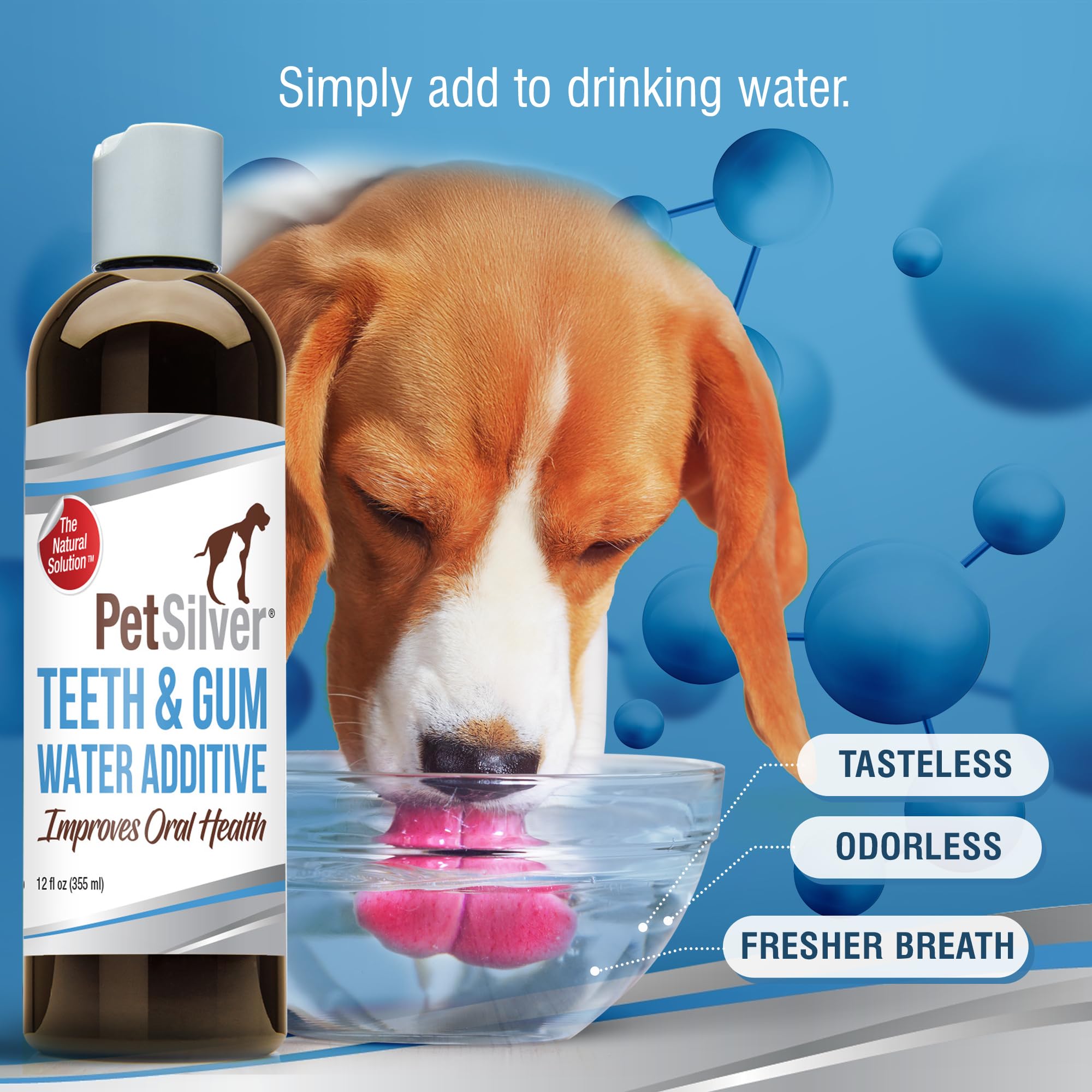 PetSilver water additive in a dog bowl supports fresher breath and cleaner teeth.