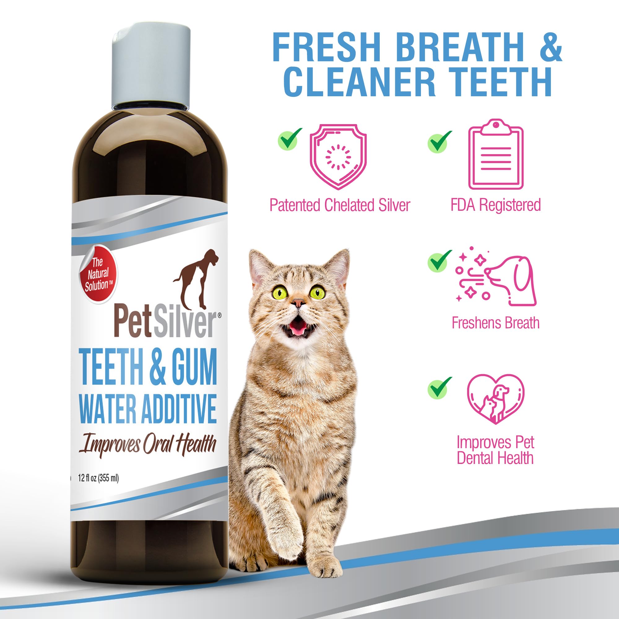 PetSilver formula uses chelated silver and distilled water for gentle dental support.