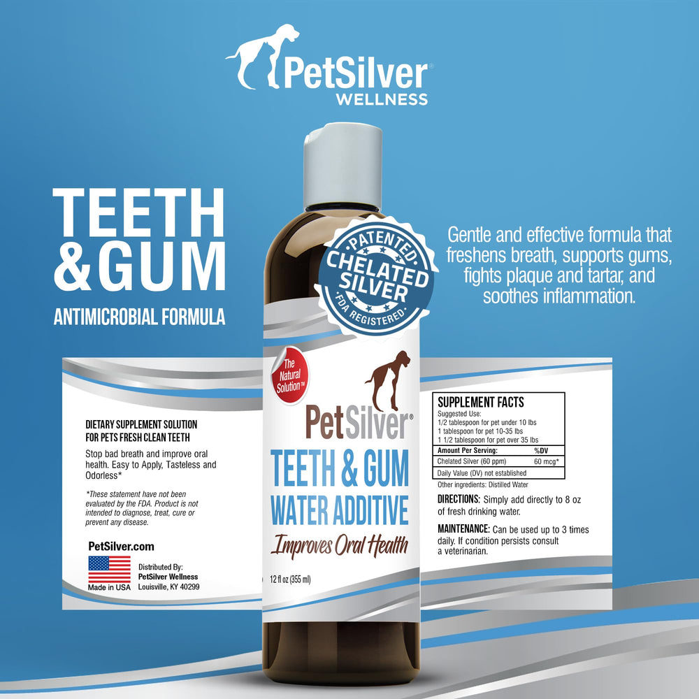 PetSilver Teeth and Gum water additive label highlights USA-made safety and quality.