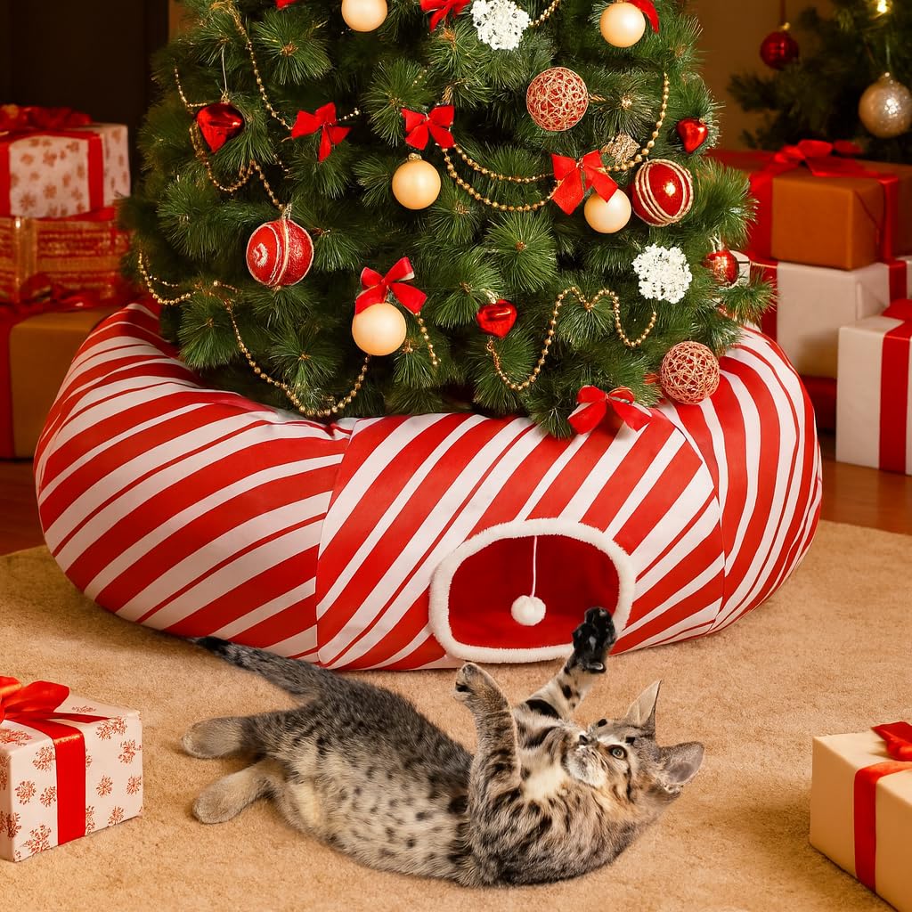 Petsinurarea 3-in-1 cat tunnel bed under tree creates a cozy nap and play area.