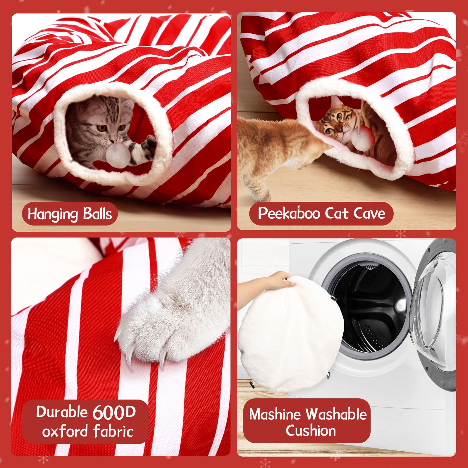 Petsinurarea red and white striped tunnel under tree adds festive play space for cats.