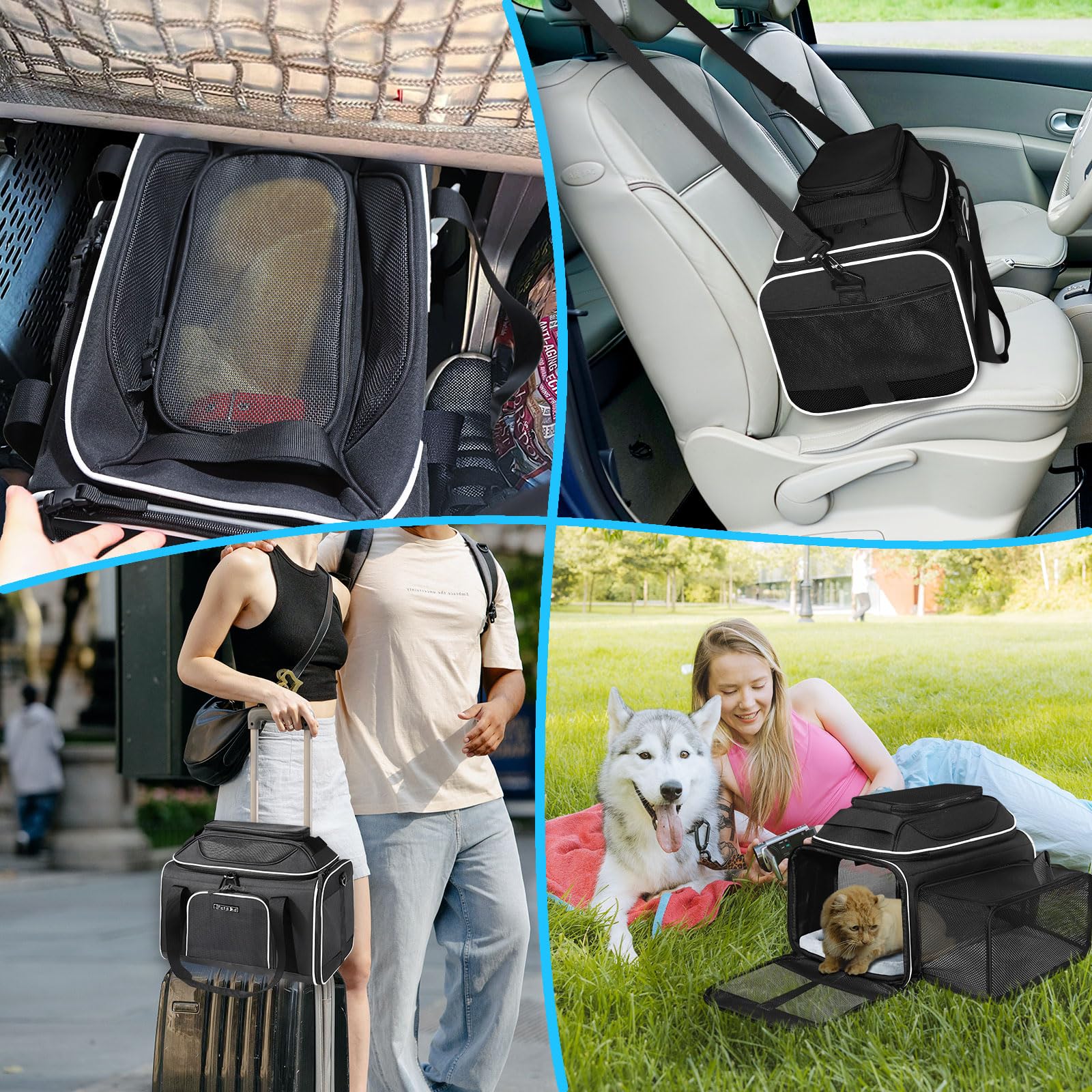Petskd black soft-side carrier shown on floor for easy storage