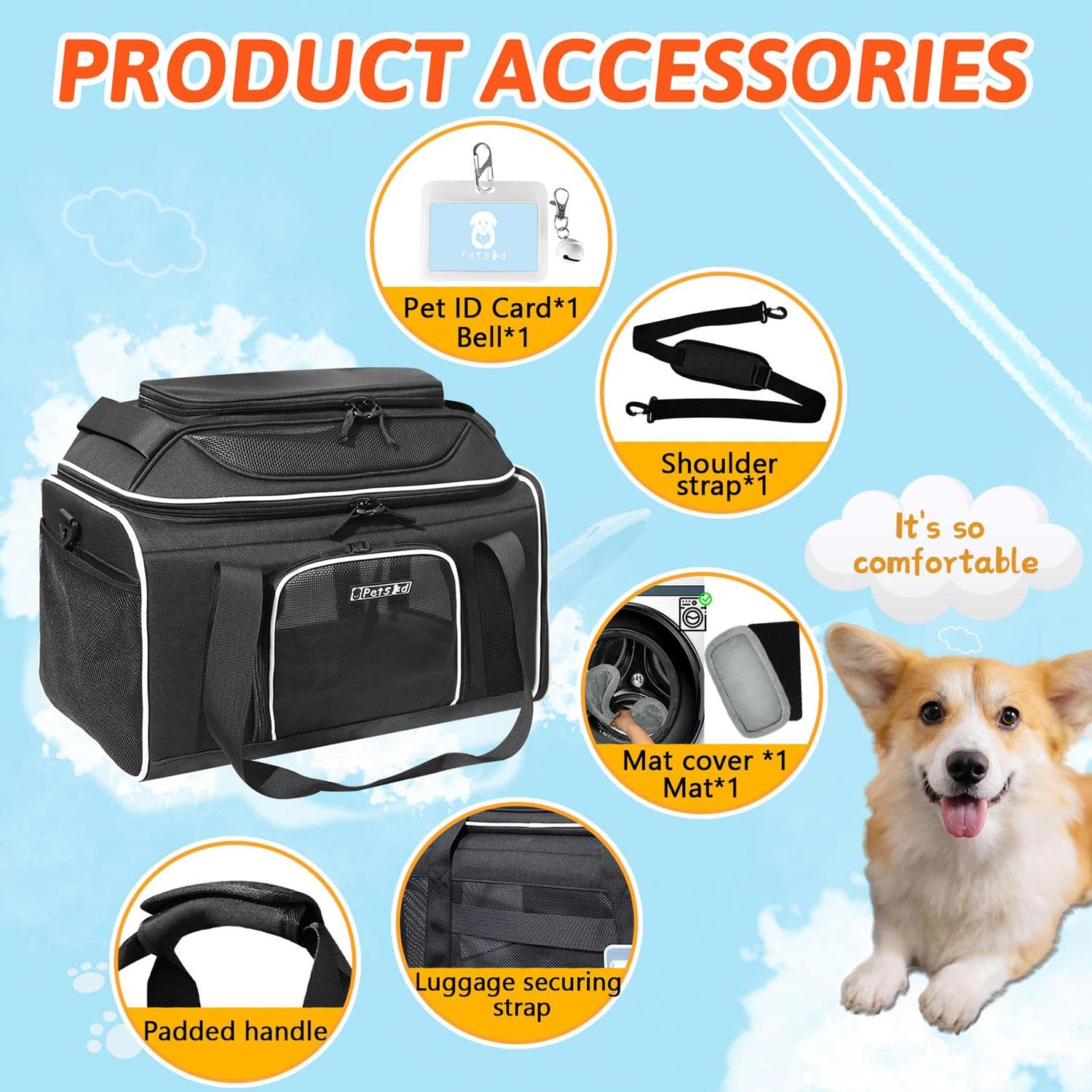 Petskd carrier showing carrying strap and top handle for easy lift