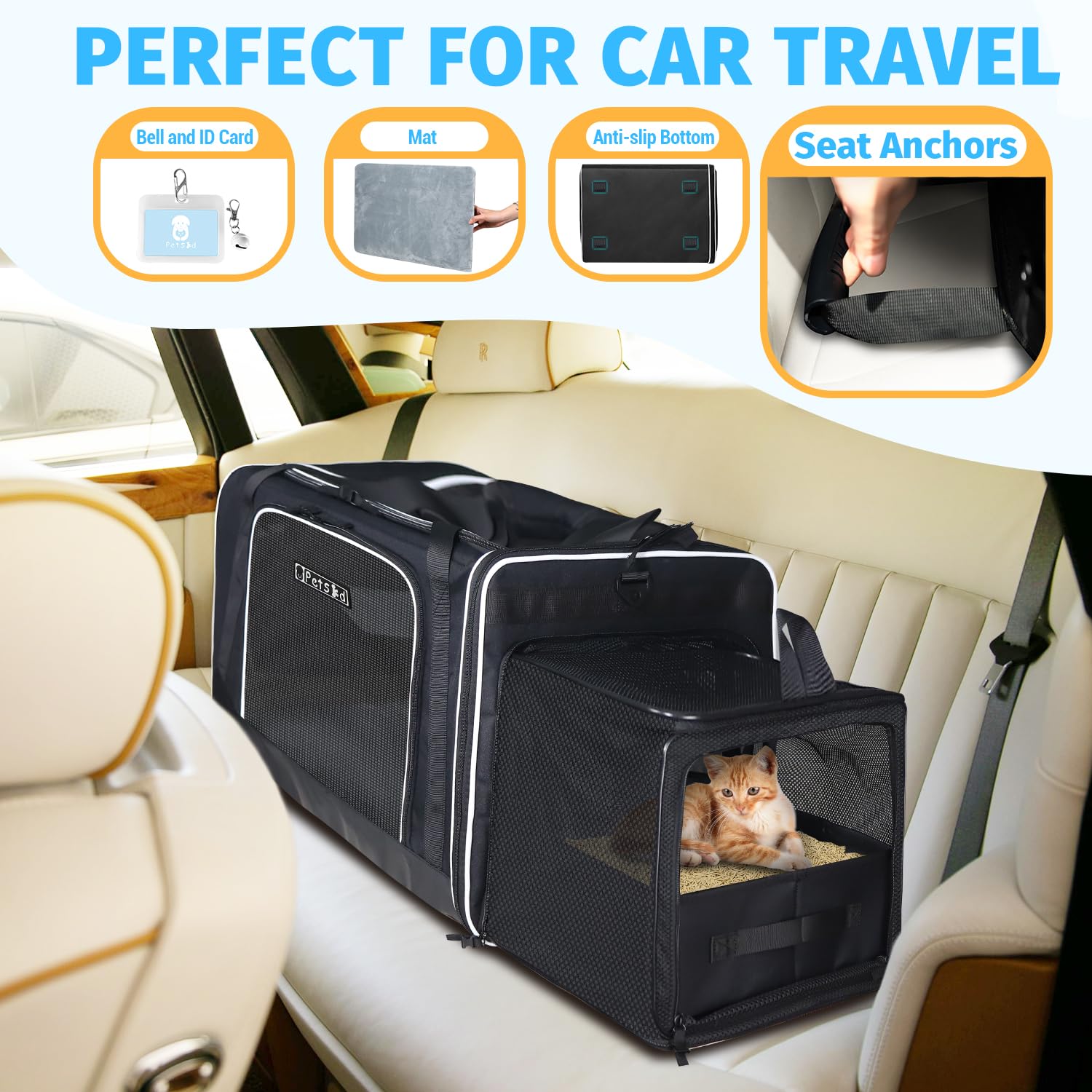 Petskd cat carrier with litter box and collapsible bowl for trips