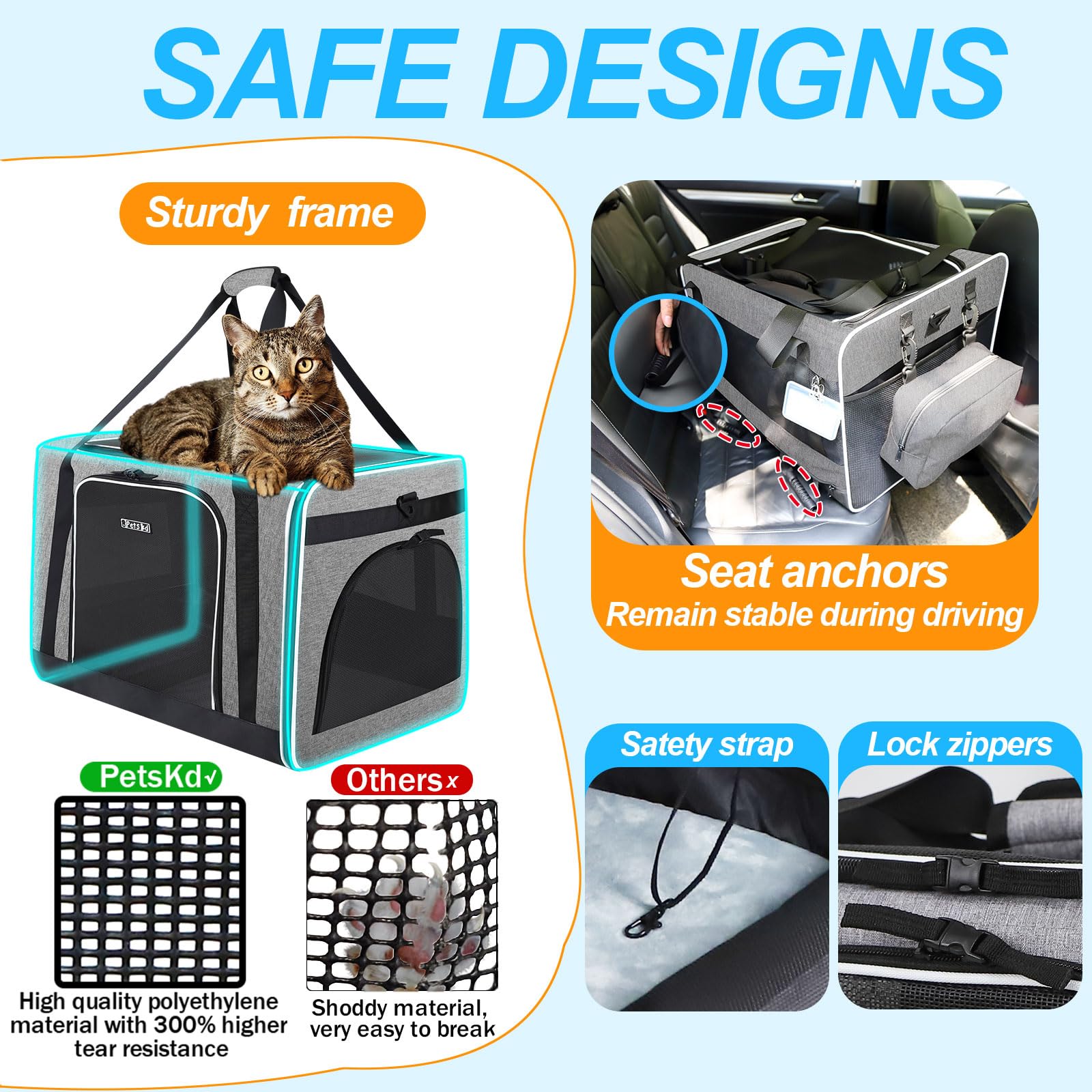 Petskd safety zipper feature locks to prevent pet from opening carrier