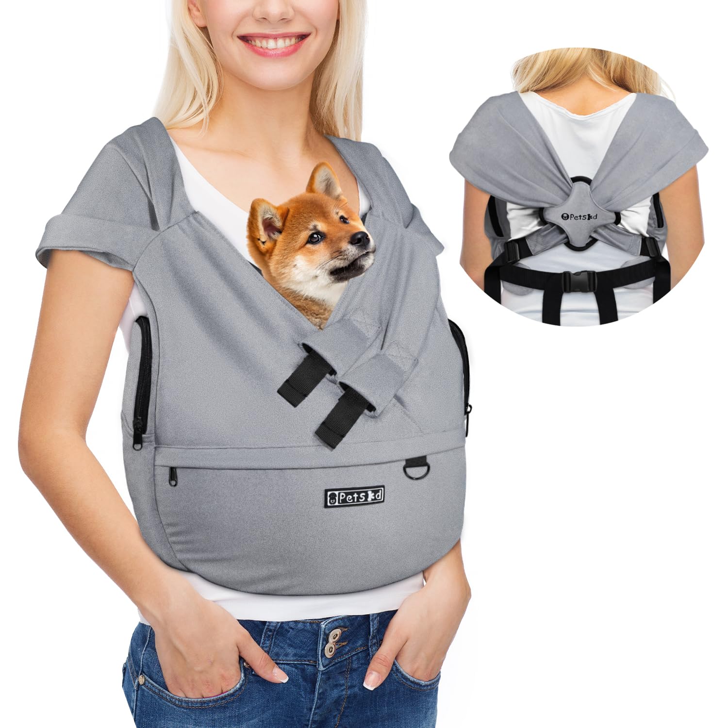 Petskd dog carrier sling with adjustable strap for comfortable hands-free walks.
