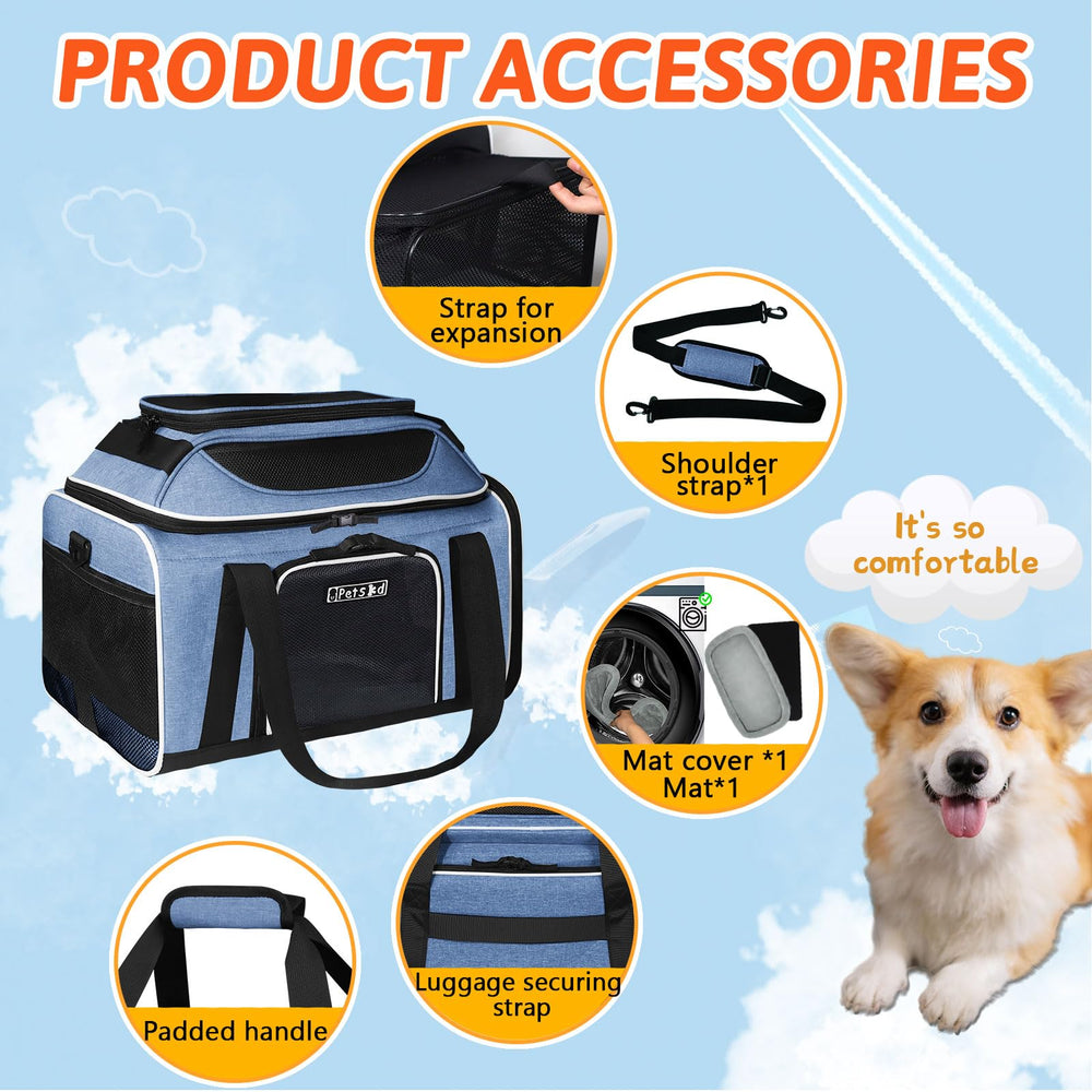 Petskd expandable side blue carrier allows pet to stretch.
