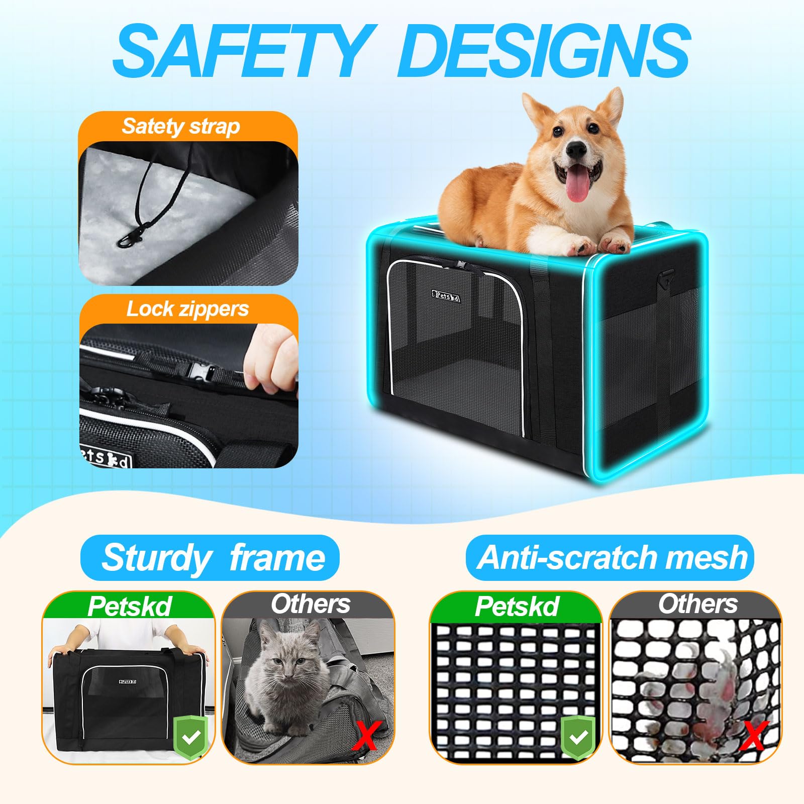 Petskd extra large carrier car travel setup with seat anchors for safety.