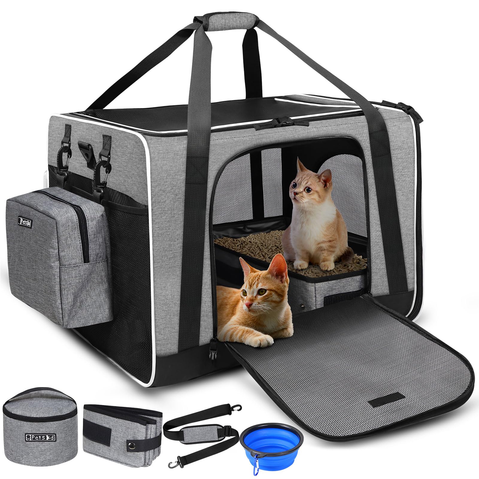 Petskd extra-large cat carrier with litter box for spacious travel comfort.