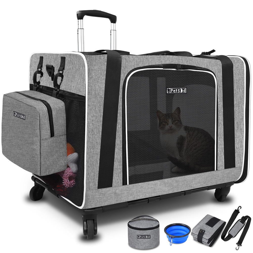 Petskd extra large cat carrier with wheels, front view shows travel-ready design for big cats