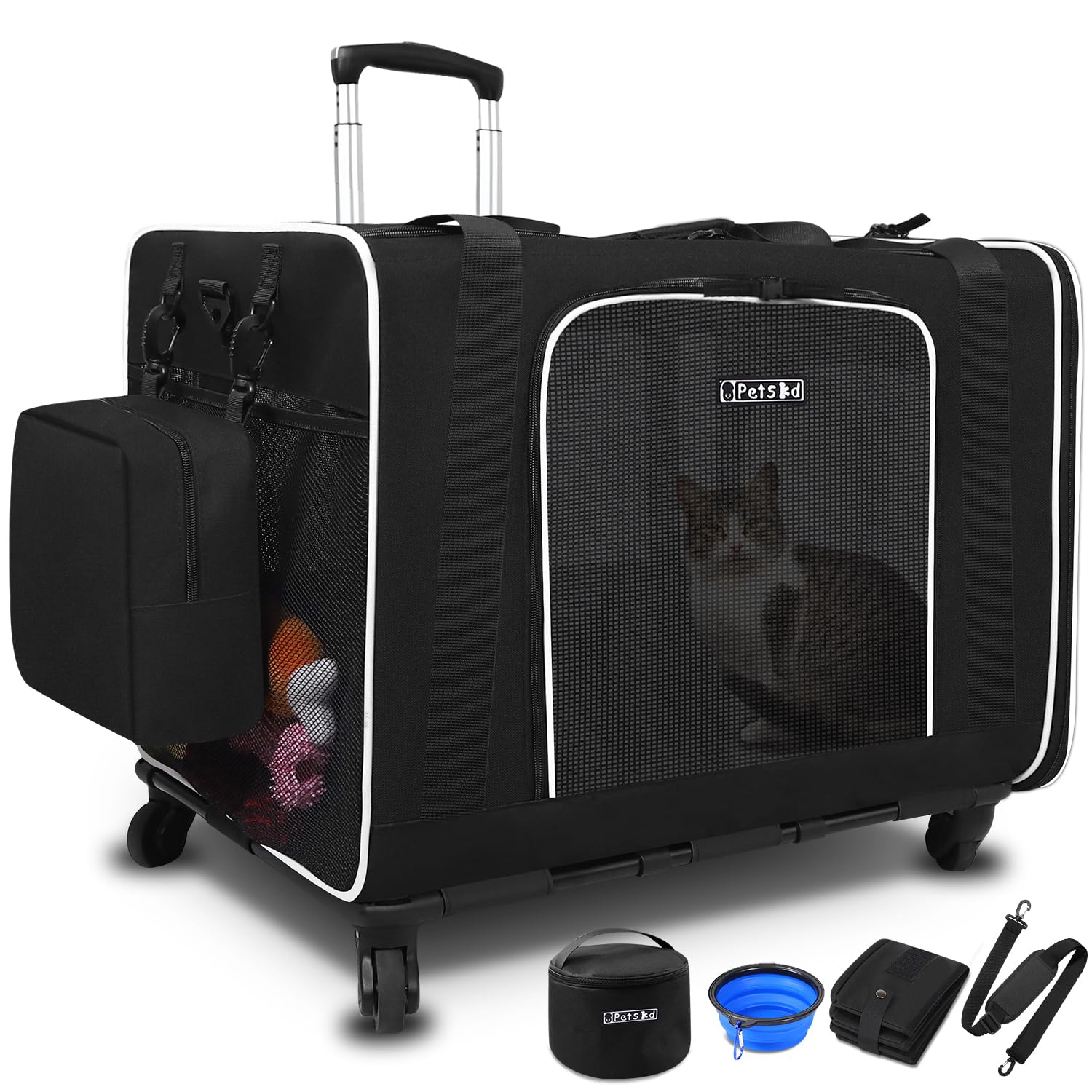 Petskd extra-large cat carrier with wheels demonstrates suitcase-style portability for smooth travel.