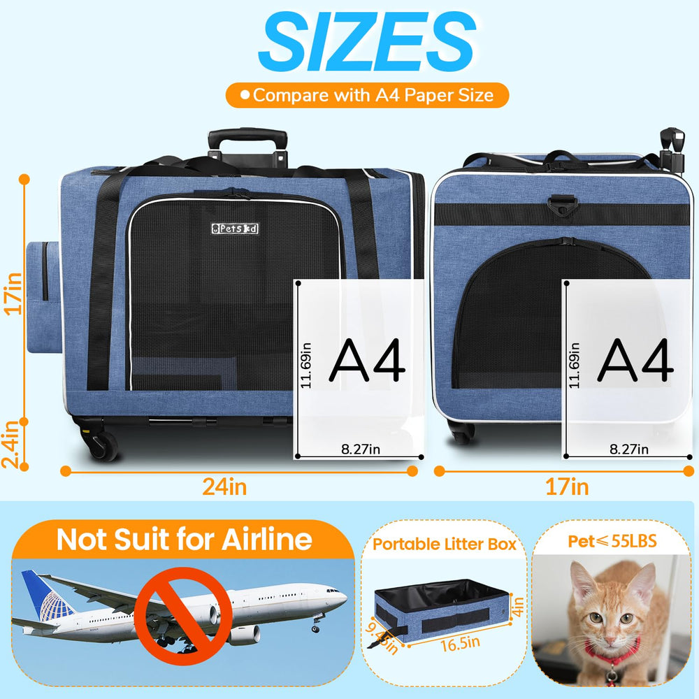 Petskd extra-large cat carrier with wheels side view showing suitcase-style mobility