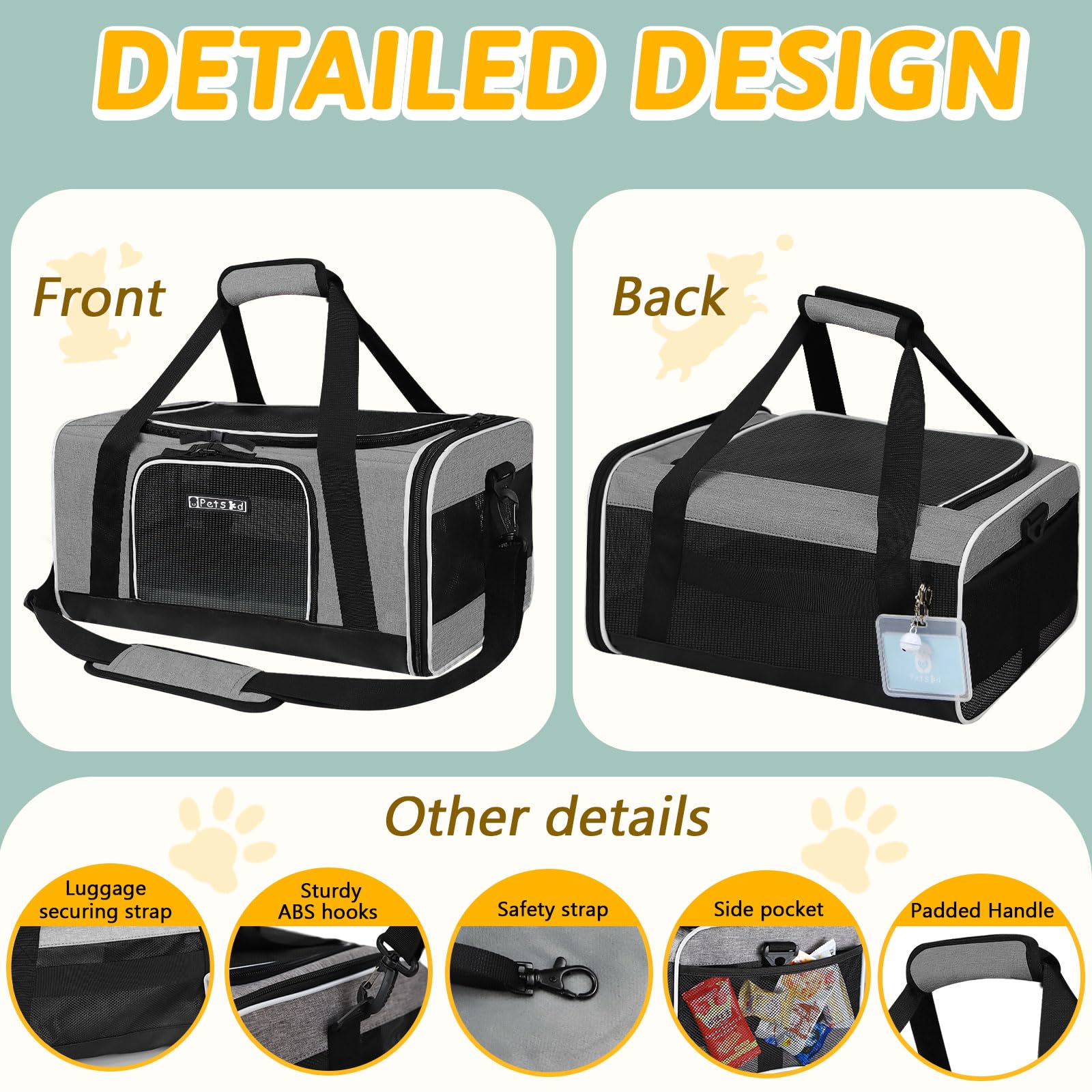 Petskd zipped snap-lock adds extra security against accidental openings.