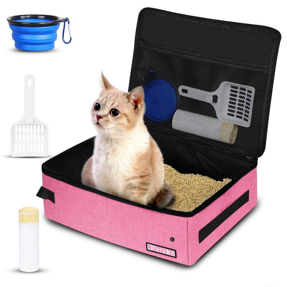 Petskd portable cat travel litter box with lid pink for mess-free car trips.
