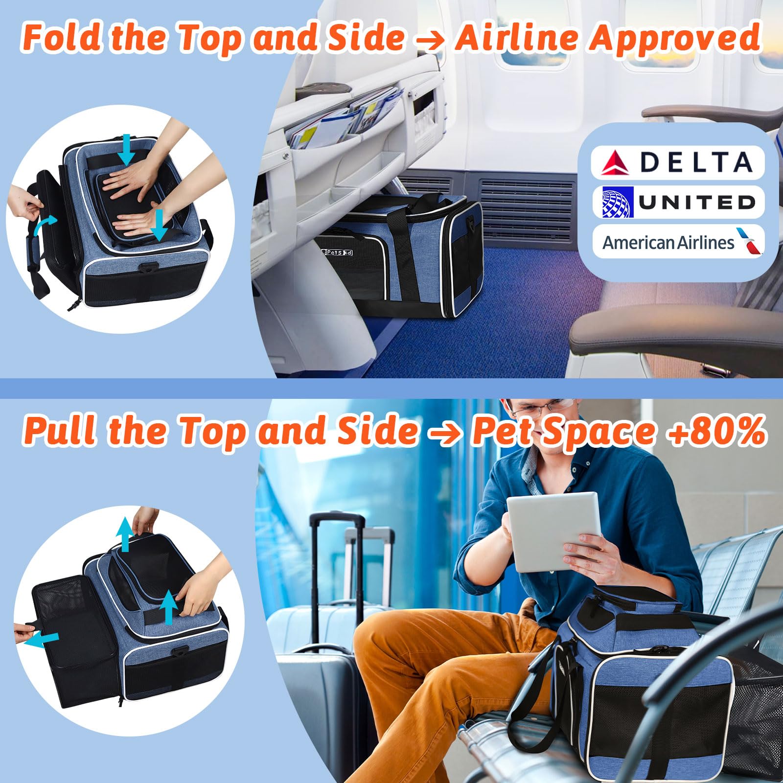 Petskd side-expansion blue carrier adds space for pet comfort.