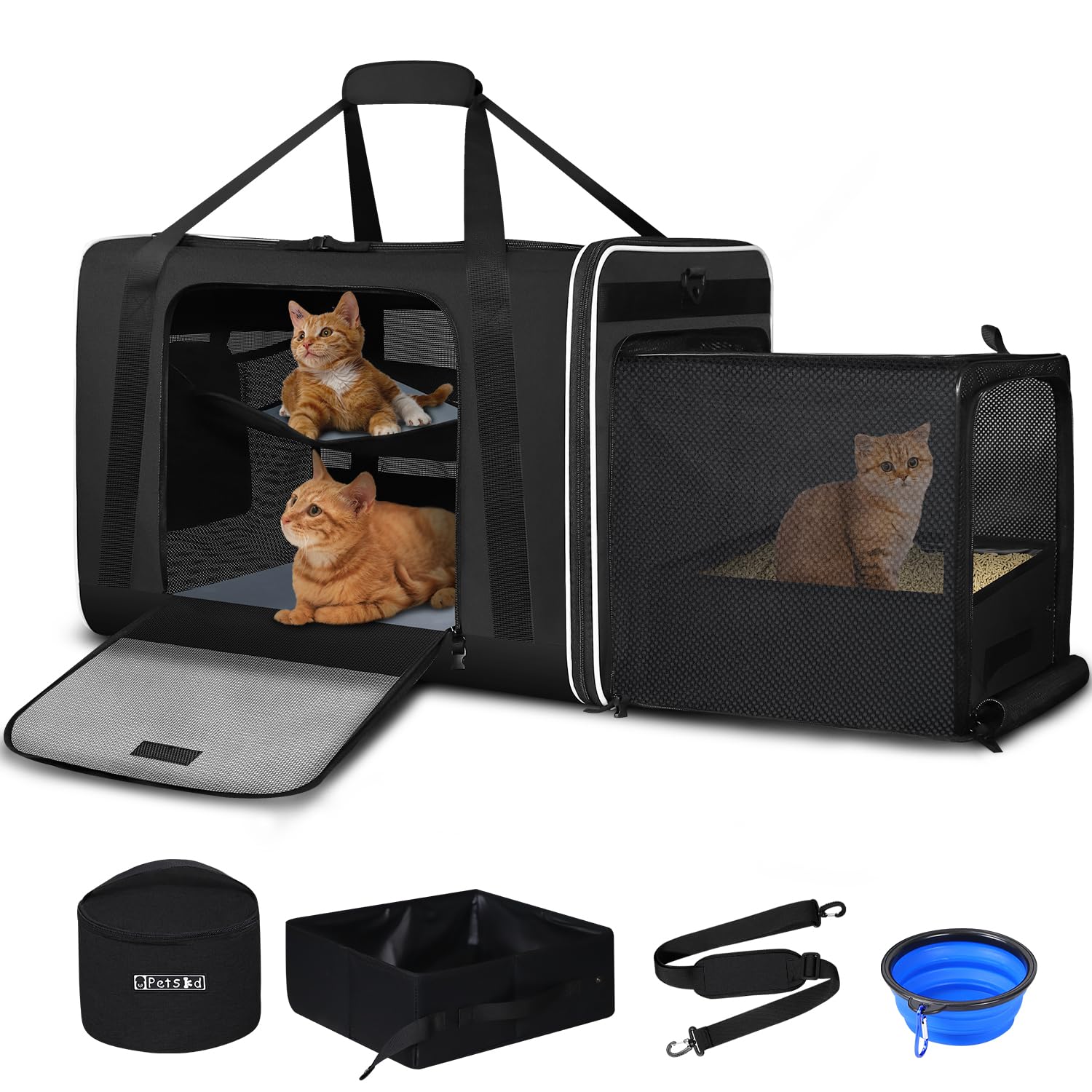 Petskd side-expandable cat carrier 24x17x17 in use with expansion area for extra space