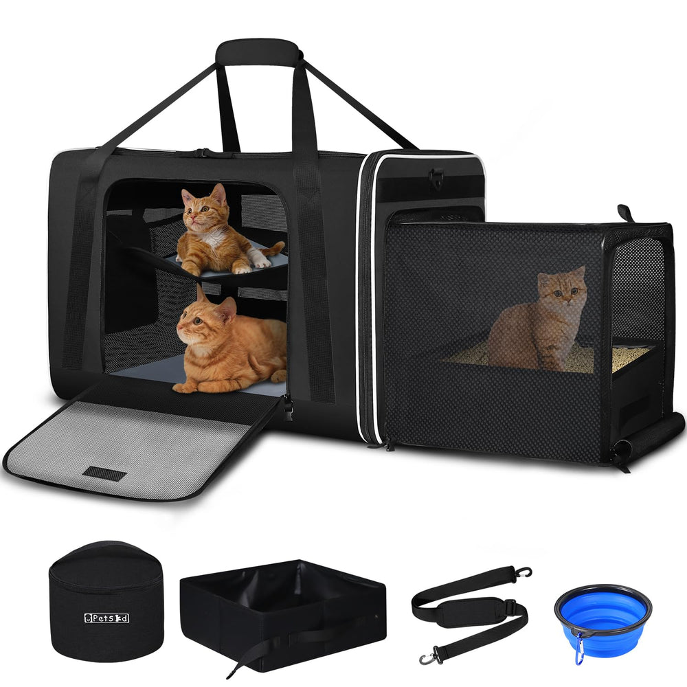 Petskd side-expandable cat carrier 24x17x17 in use with expansion area for extra space