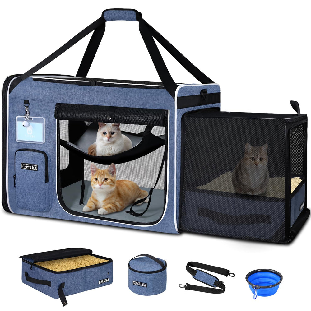 Petskd side expandable cat carrier blue showing extra travel space for pets