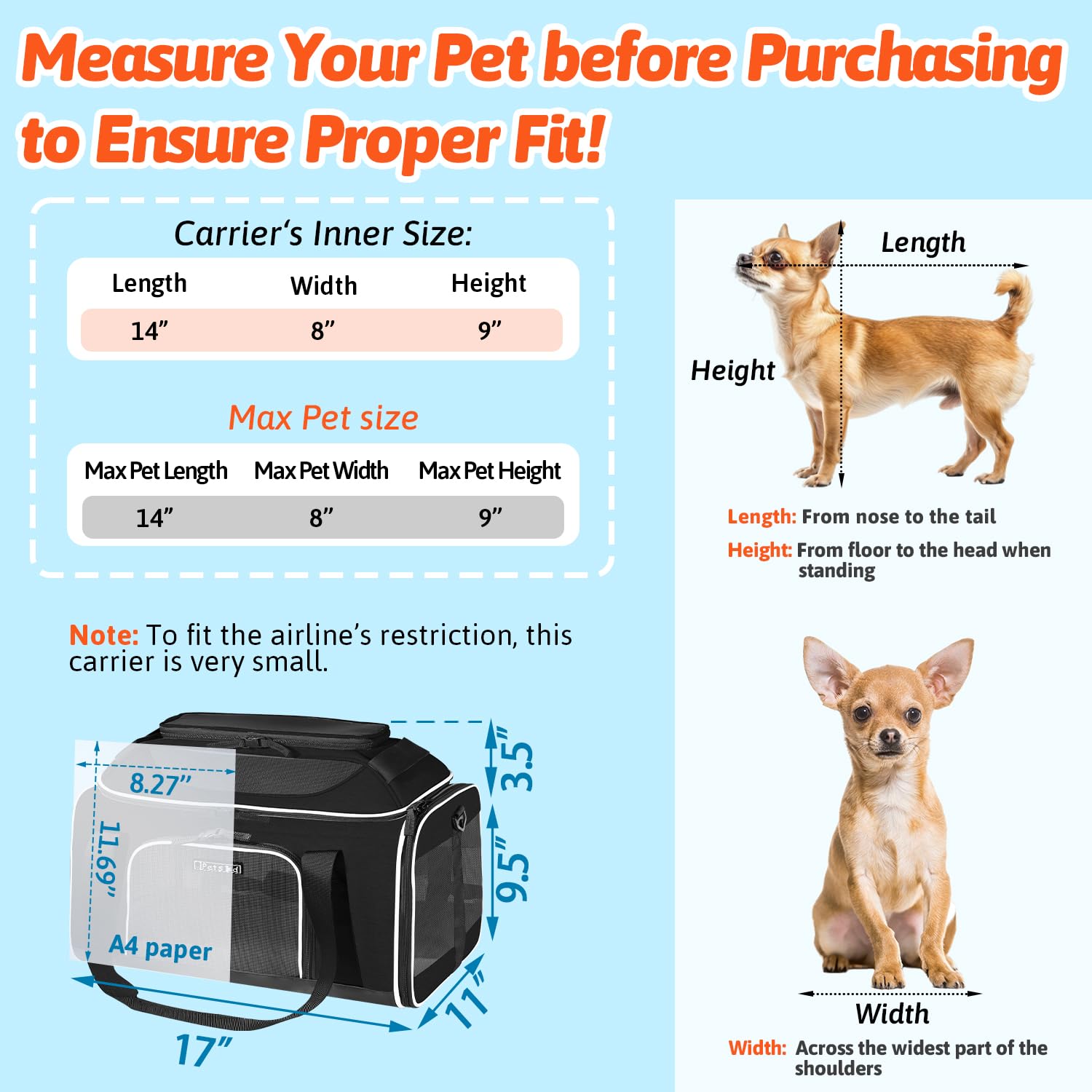 Petskd soft-sided travel carrier with sturdy frame and rod support