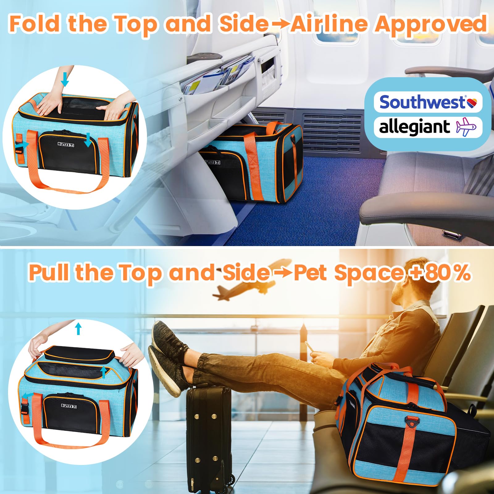 Petskd top expandable carrier side view blue highlights sturdy structure for travel