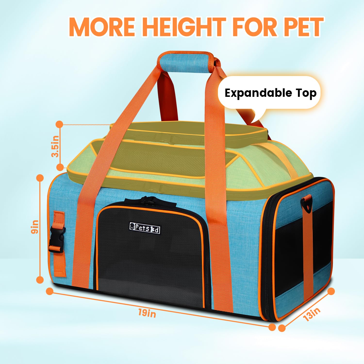 Petskd top expandable carrier top view blue shows secure openings and accessibility
