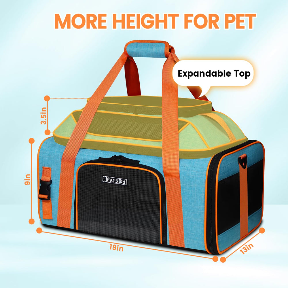 Petskd top expandable carrier top view blue shows secure openings and accessibility