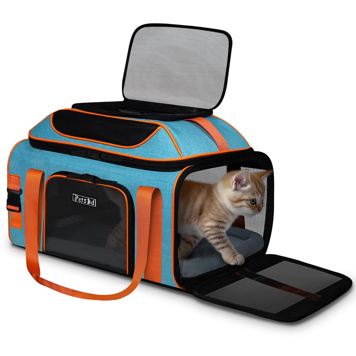 Petskd top expandable carrier under seat blue enables easy airline cabin use