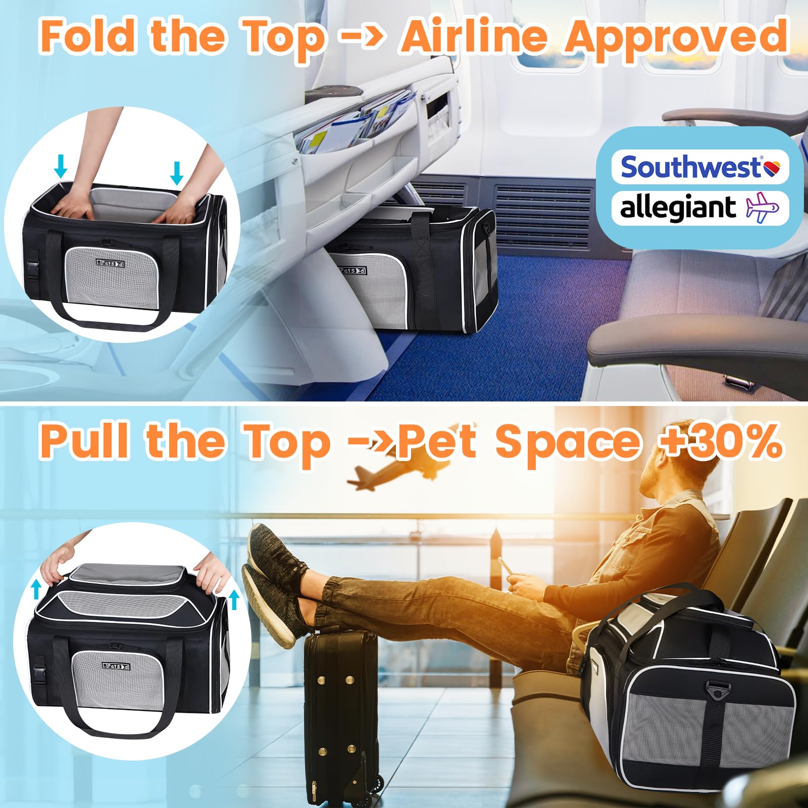 Petskd top-expandable carrier under-seat setup for quick cabin access