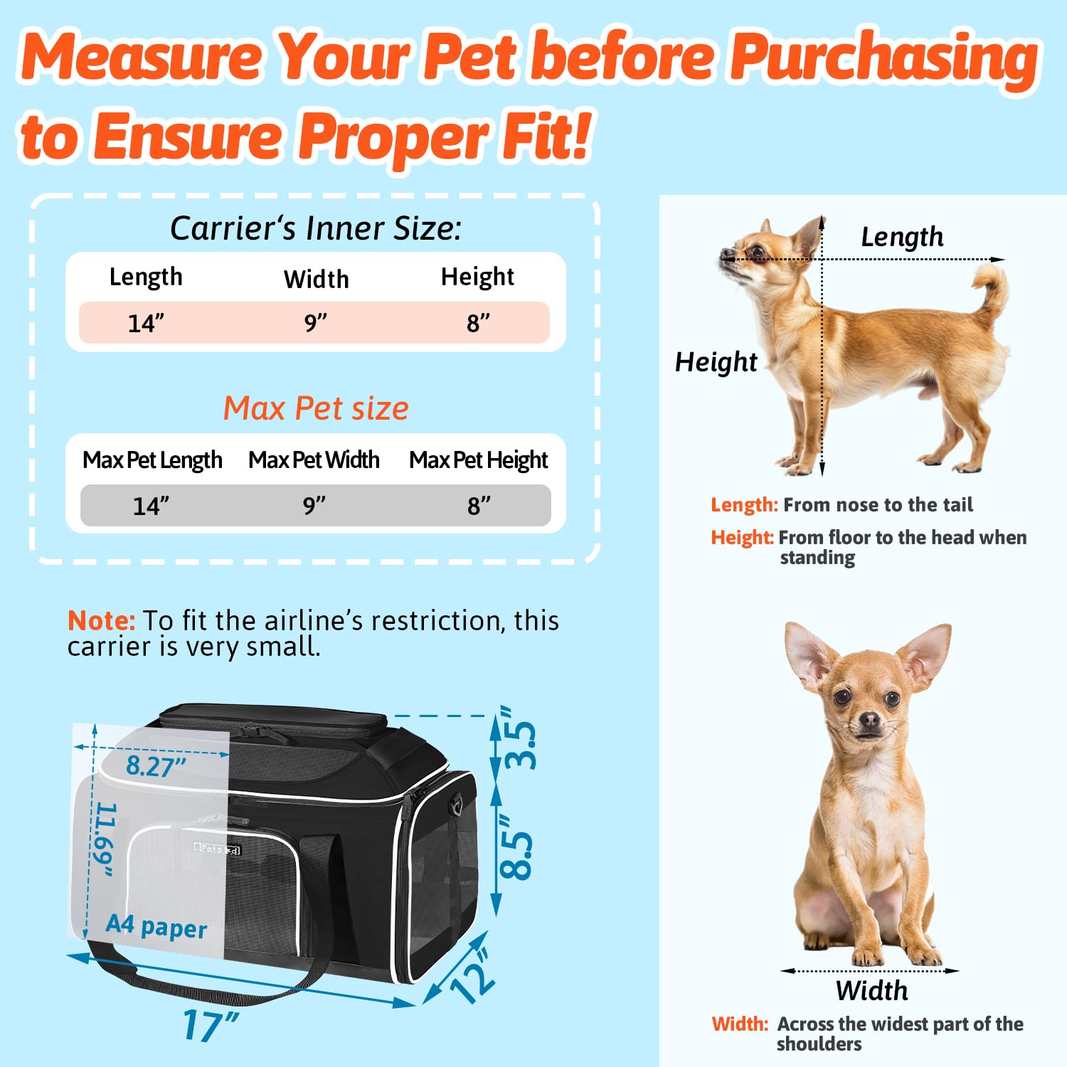 Petskd under-seat fit with inner dimensions for small pets' comfortable cabin travel.