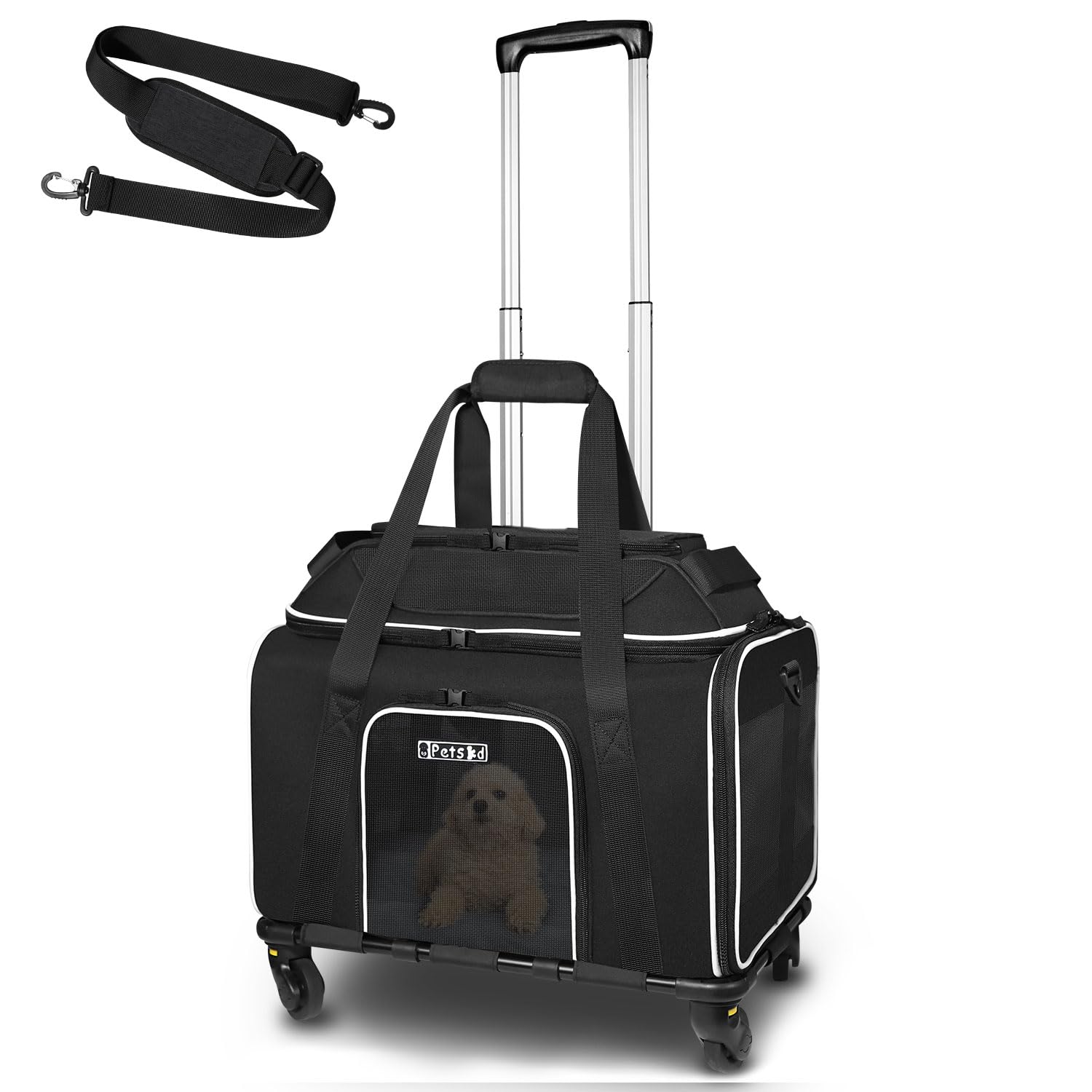 Petskd top-expandable pet carrier wheels front view for easy, smooth mobility.