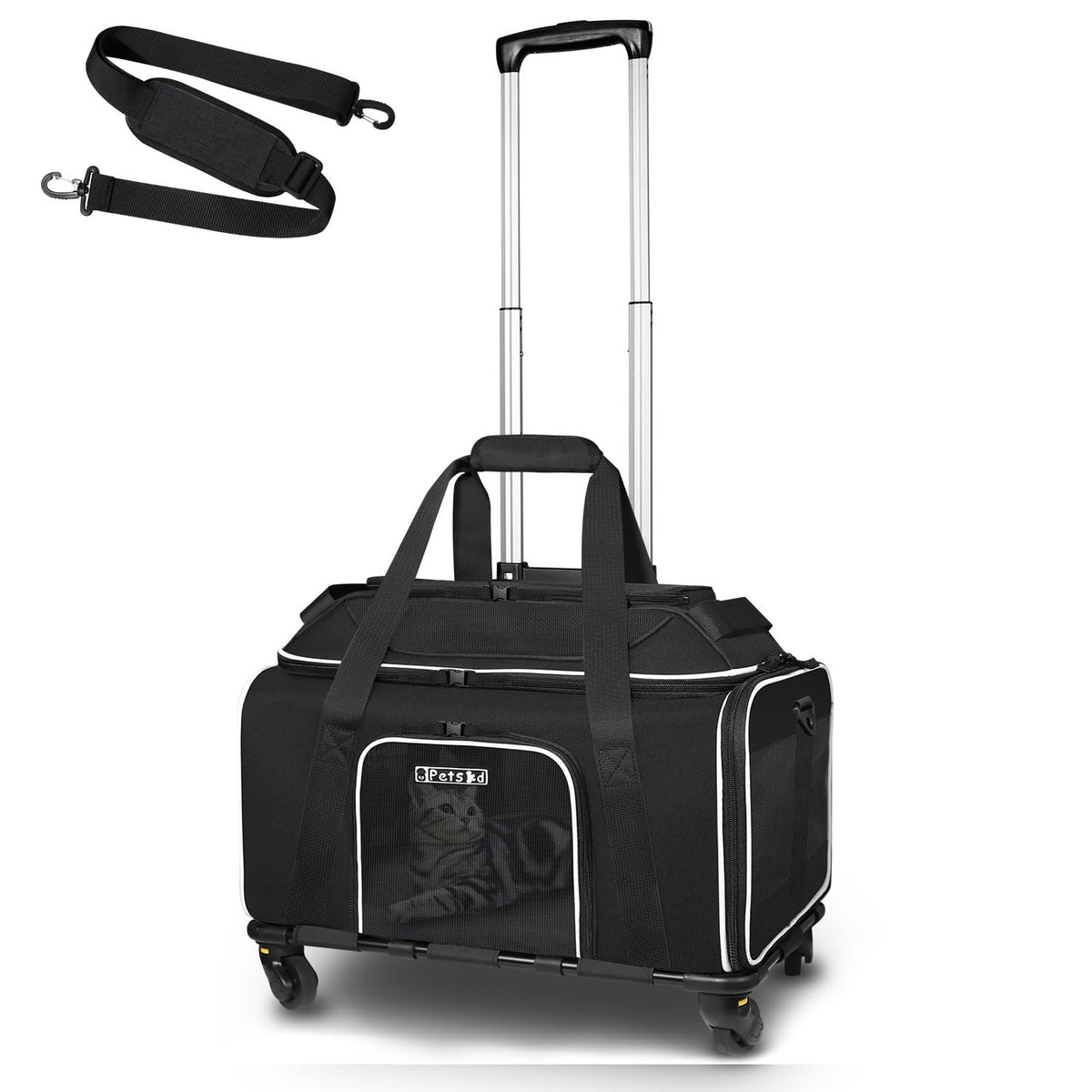 Petskd top-expandable pet carrier with wheels front view shows secure zipper and breathable mesh.