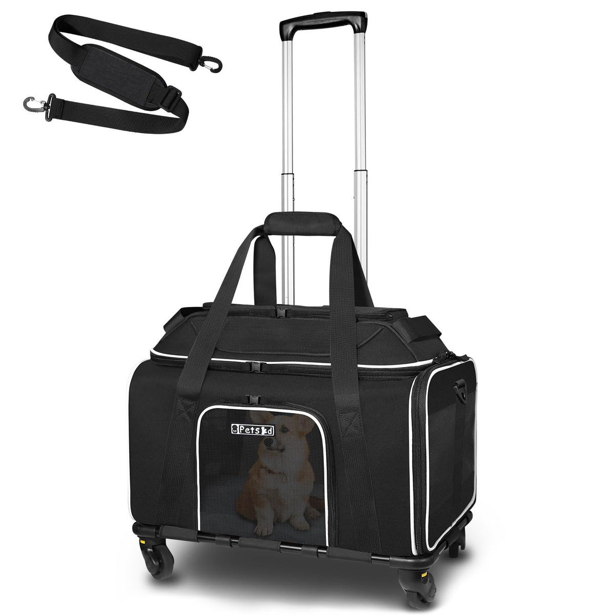 Petskd top-expandable pet carrier on wheels for easy travel with luggage-style handle
