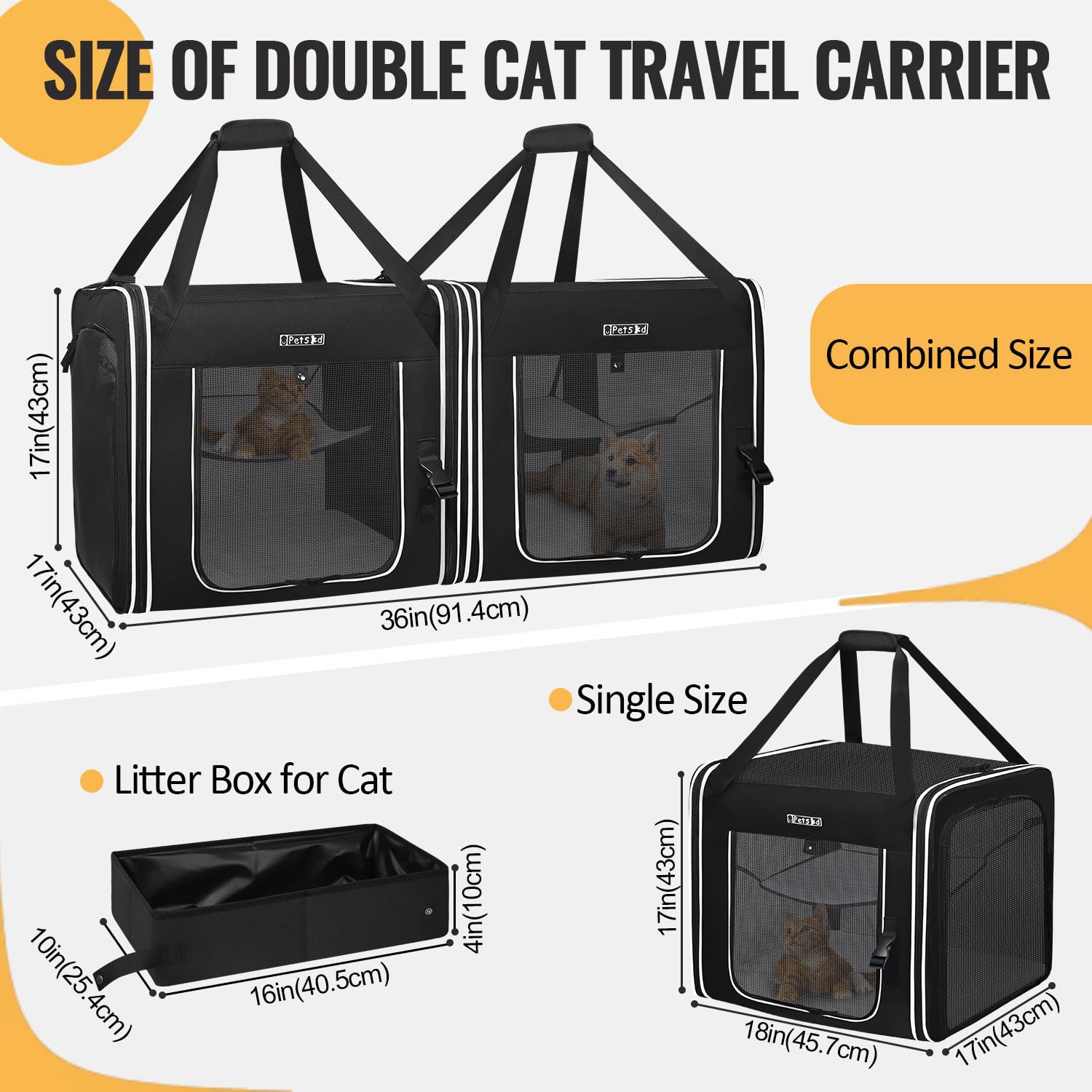 Petskd two-cat carrier middle zipper connects two carriers for flexible setups.