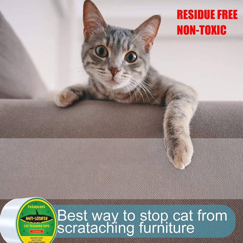 Petslucent cat scratch tape shown on sofa demonstrates discreet, pet-safe protection.