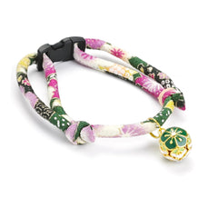 PetsMeow kimono-design collar closeup showing delicate plum blossoms for chic look.