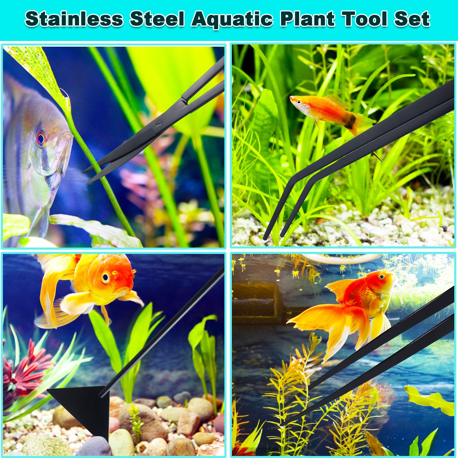 Petsocie aquarium tools in use for easy cleaning and plant trimming.