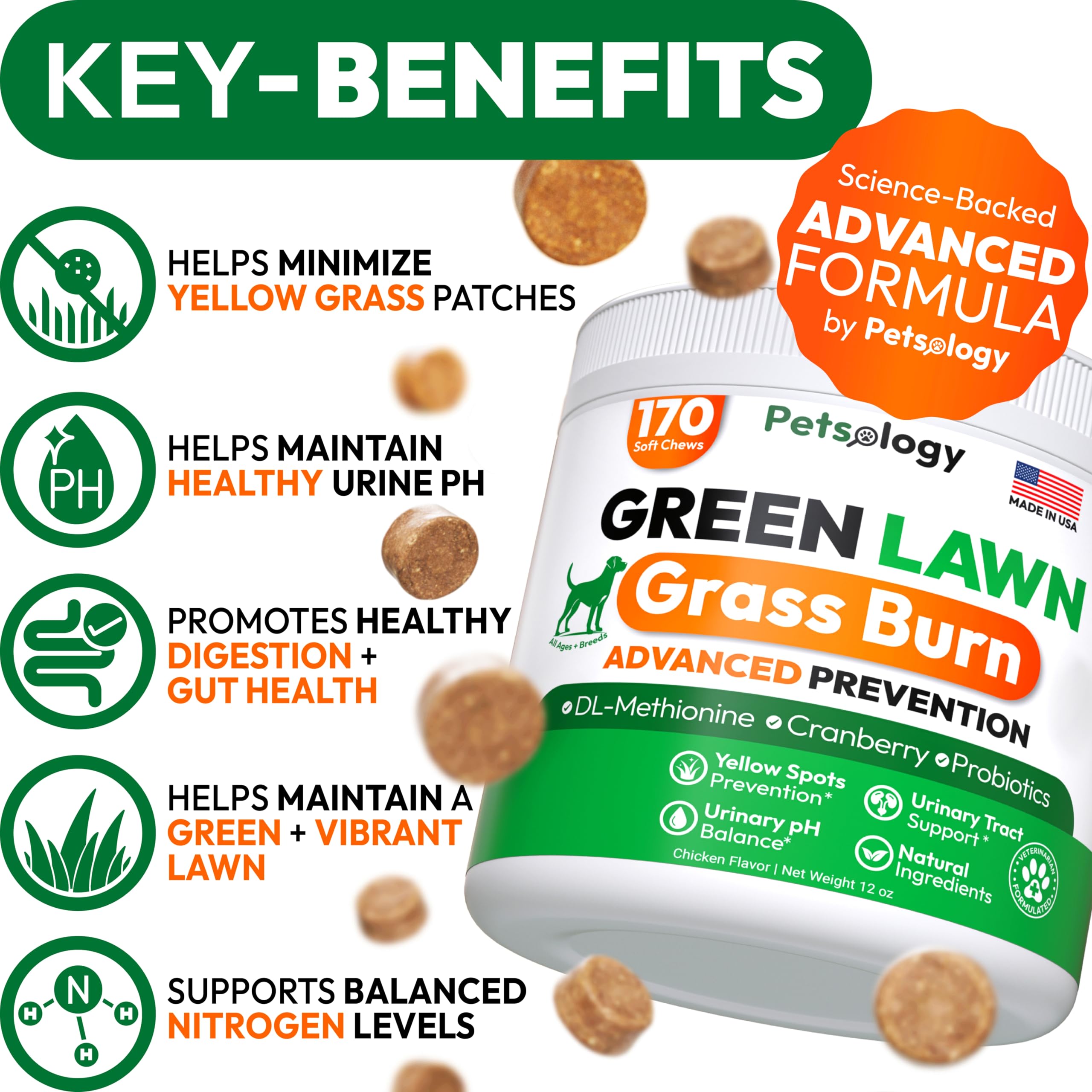 Petsology 170-green-lawn-chews jar showcasing natural ingredients for gut and urinary health.
