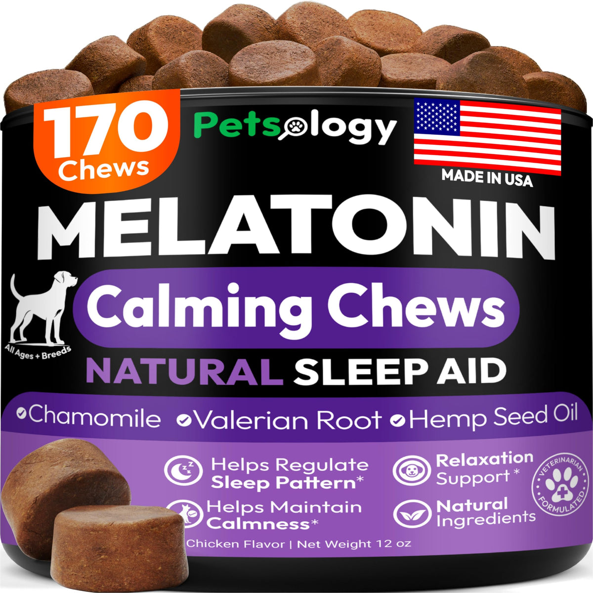 Petsology Advanced Melatonin dog chews bottle — supports calmer nights for dogs