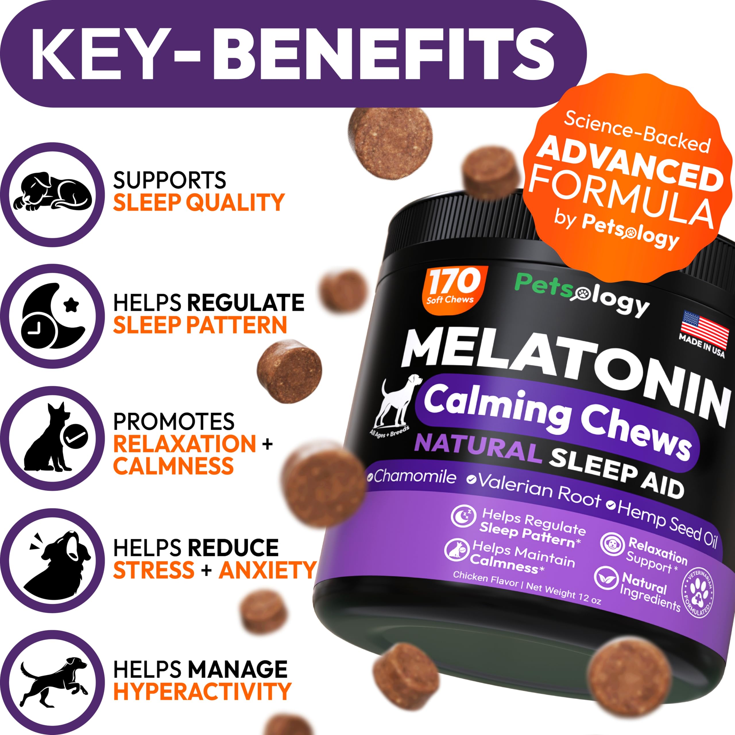 Petsology Advanced Melatonin dog chews closeup — tasty chews for night-time calm