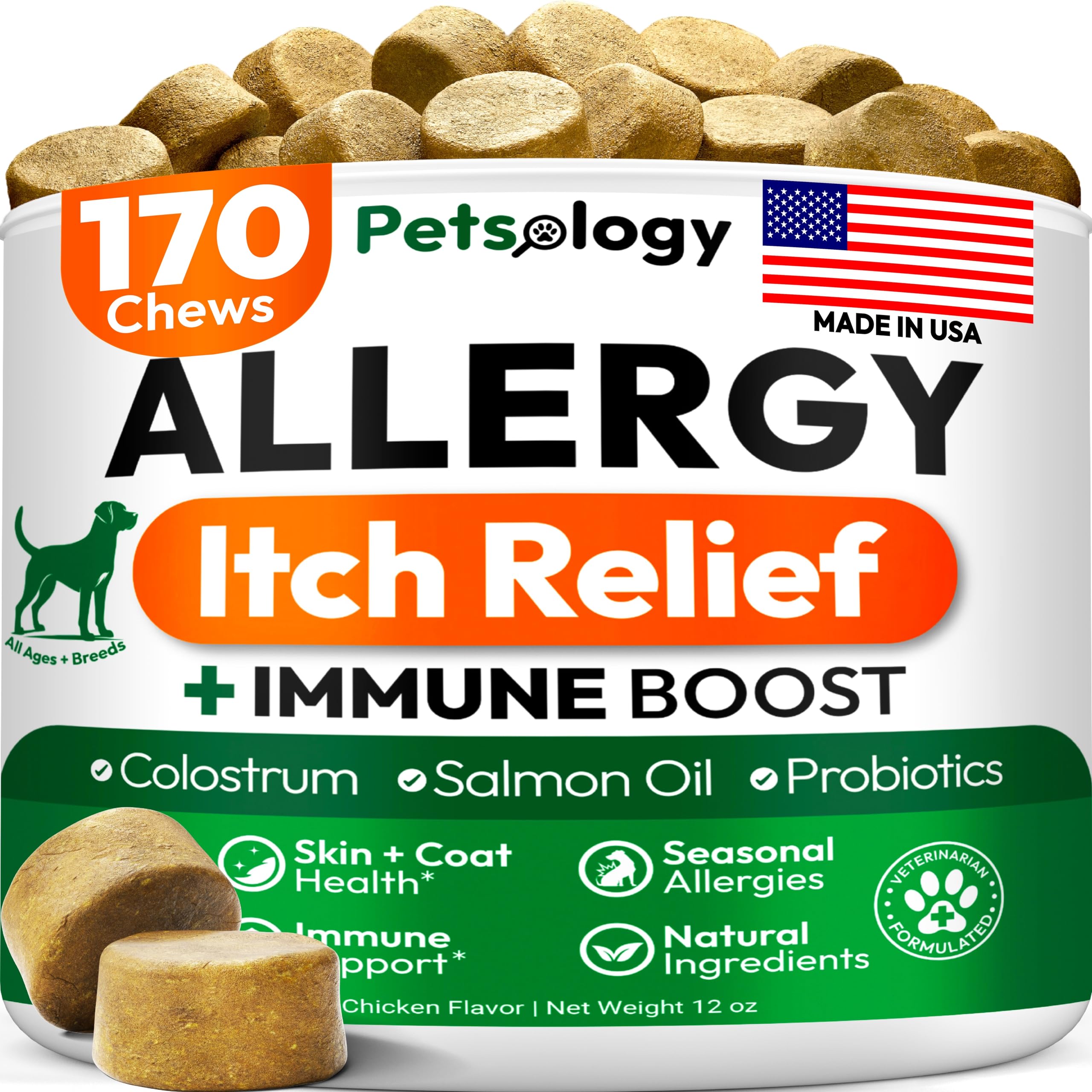 Petsology Dog Allergy Relief Chews bottle pour for easy daily itch relief and immune support
