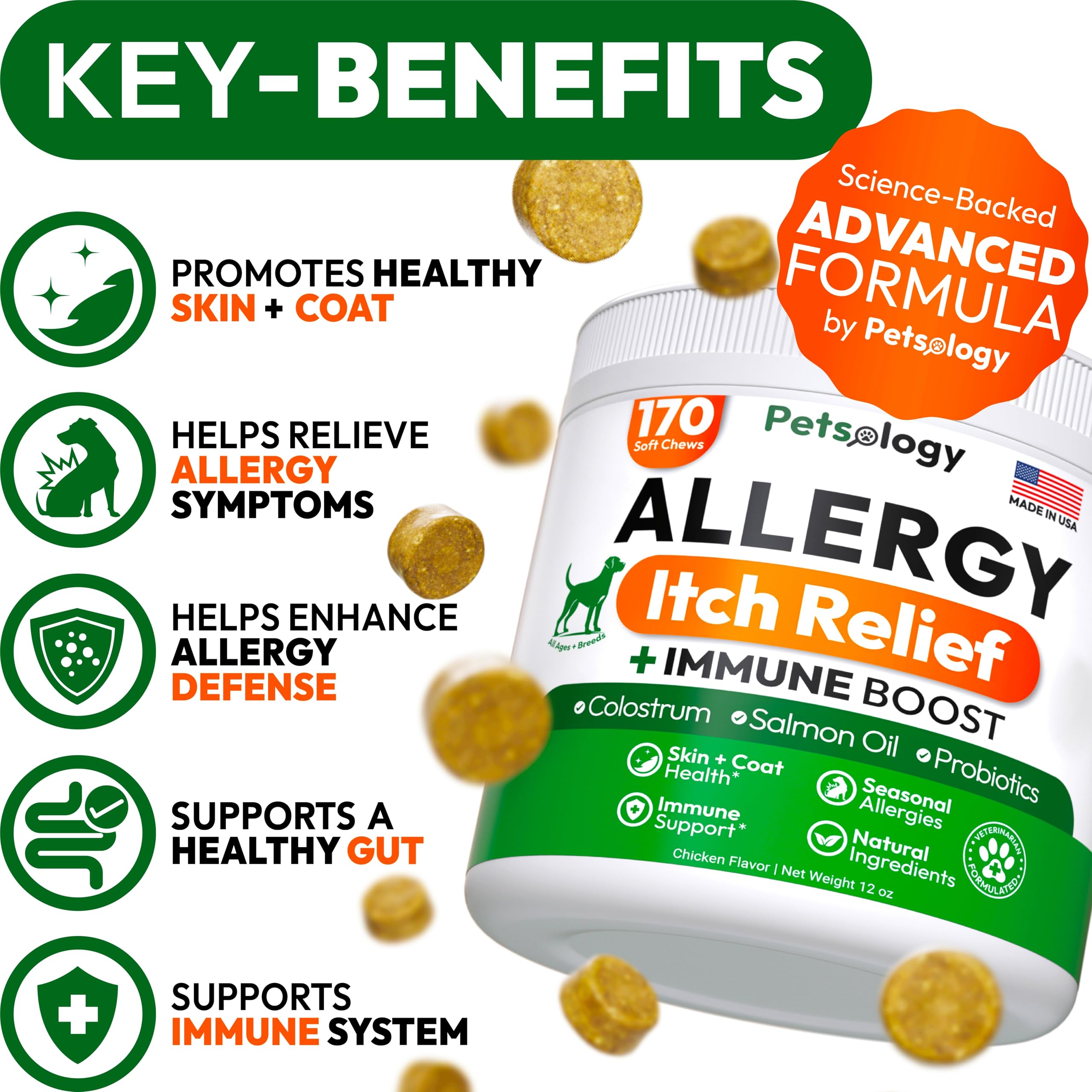 Petsology Dog Allergy Relief Chews chews closeup shows omega 3 and probiotics for itchy skin