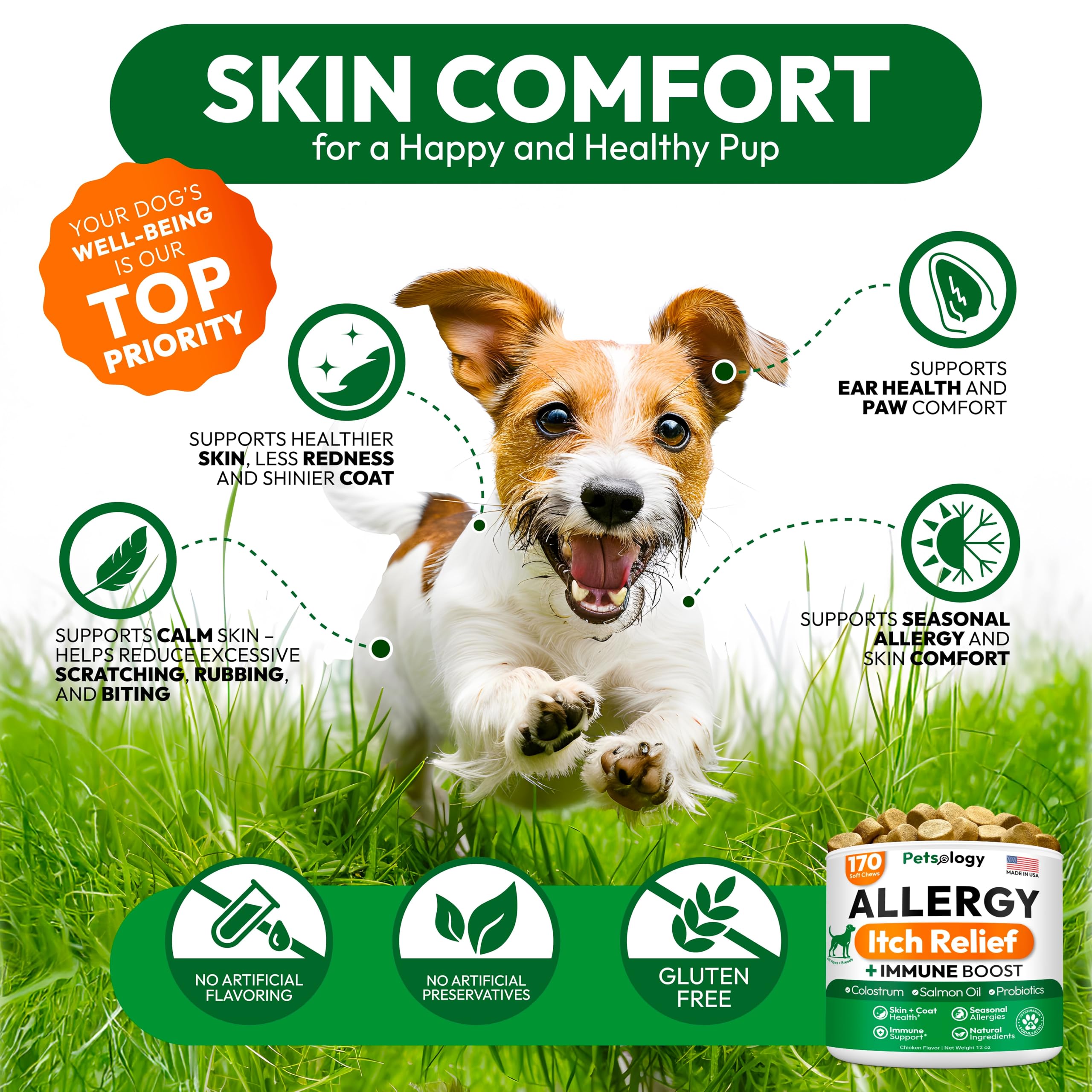 Petsology Dog Allergy Relief Chews dog eating demonstrates simple daily use for hot spots relief