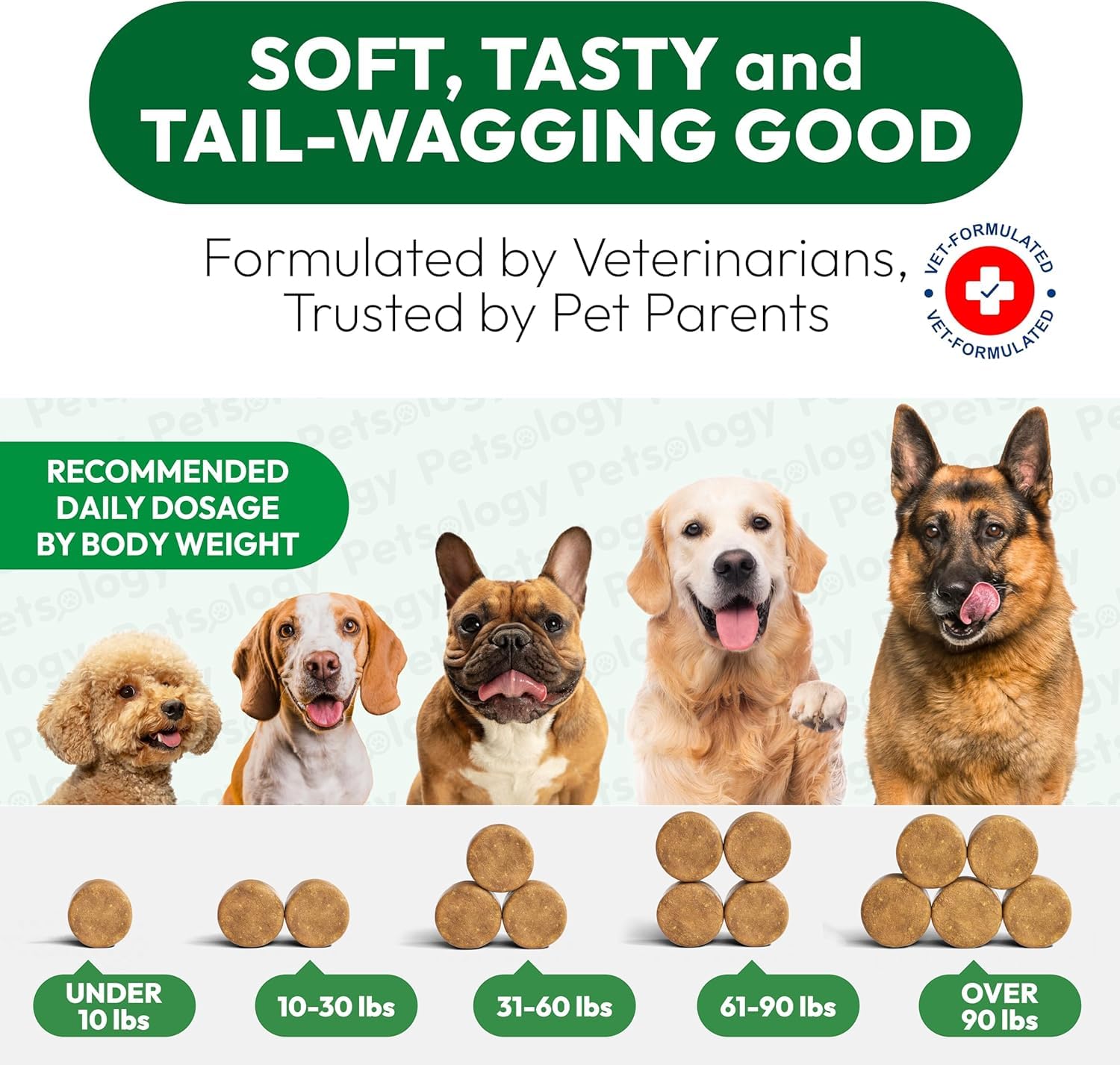 Petsology chew texture closeup — appealing bite with practical dosing.