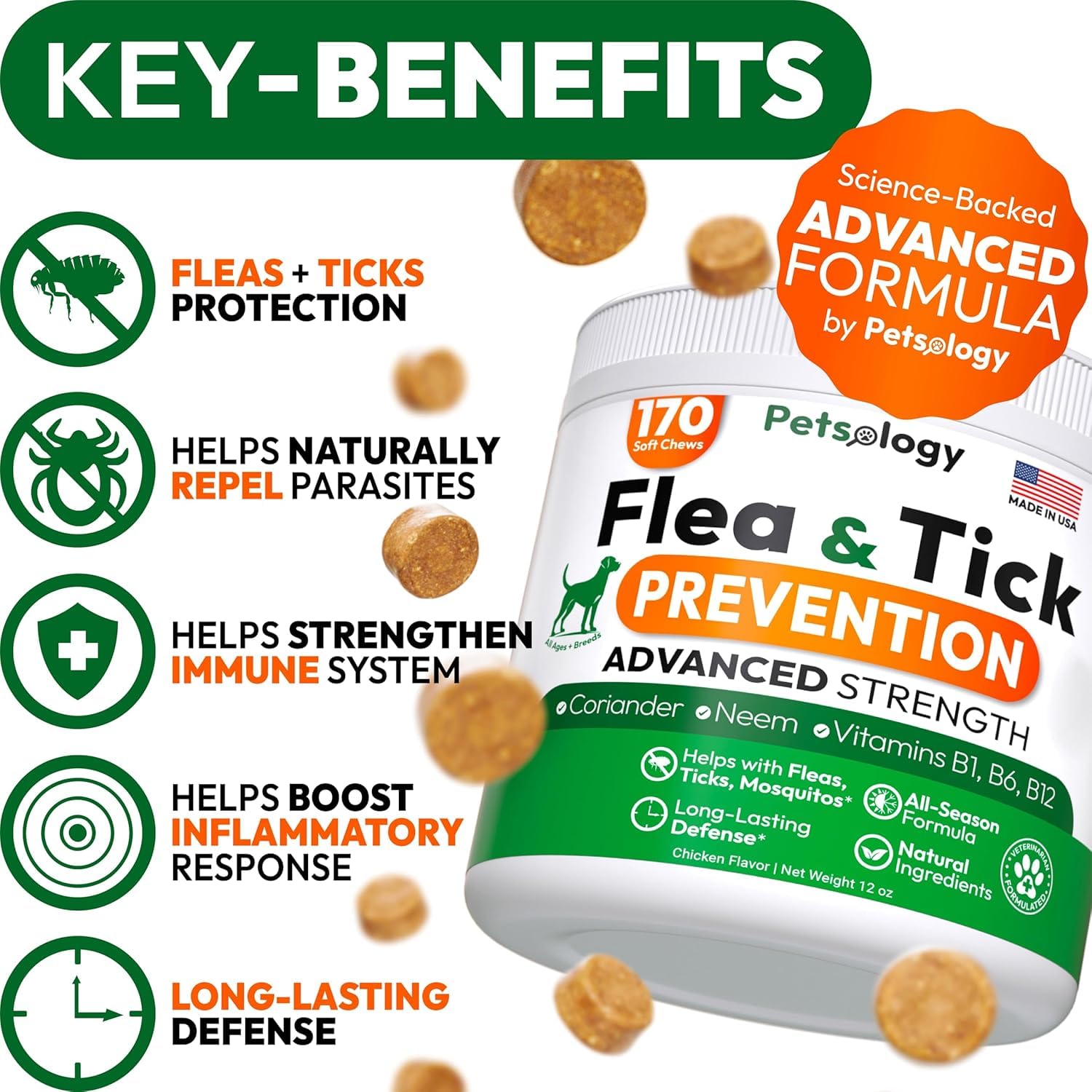 Petsology dog flea tick chews in hand — convenient, tasty supplement for on-the-go protection.